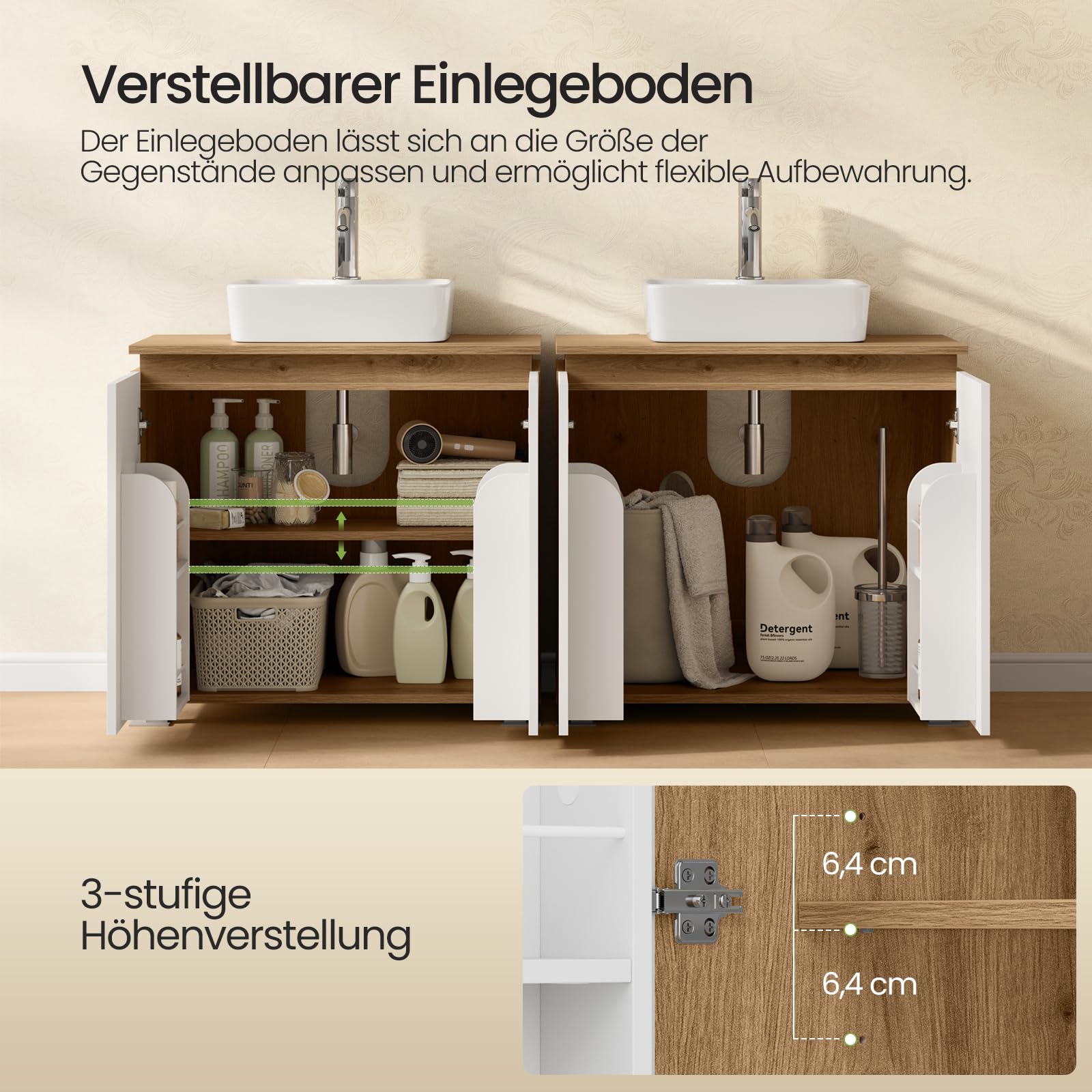 EUGAD Waschbeckenunterschrank, Badezimmerschrank, 2 Fächer hinter den Türen, mit verstellbarem Einlegeboden, 70 x 40 x 65 cm, Weiß und braune Holzoptik