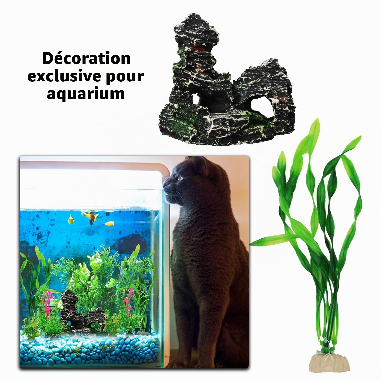QUOZUO Vert Plantes Artificielle Aquarium Decoration avec Rocher Polyrésine Grotte Ornement, Cachette Décoration pour Aquarium Poissons, 9 Pièces