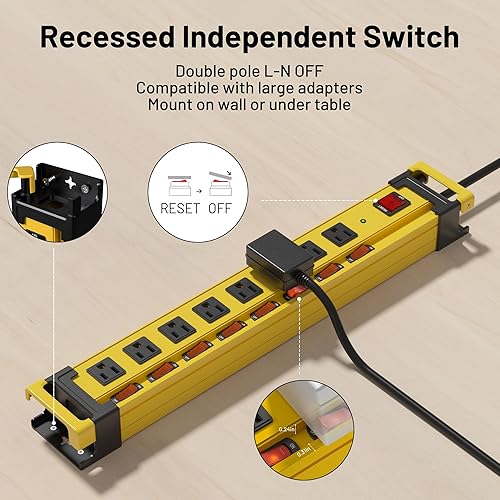 Miniatura 2 de Plug'n Regleta de alimentación larga de 8 tomas, protector de sobretensiones 2700J con interruptores individuales, amplio espacio, regleta de