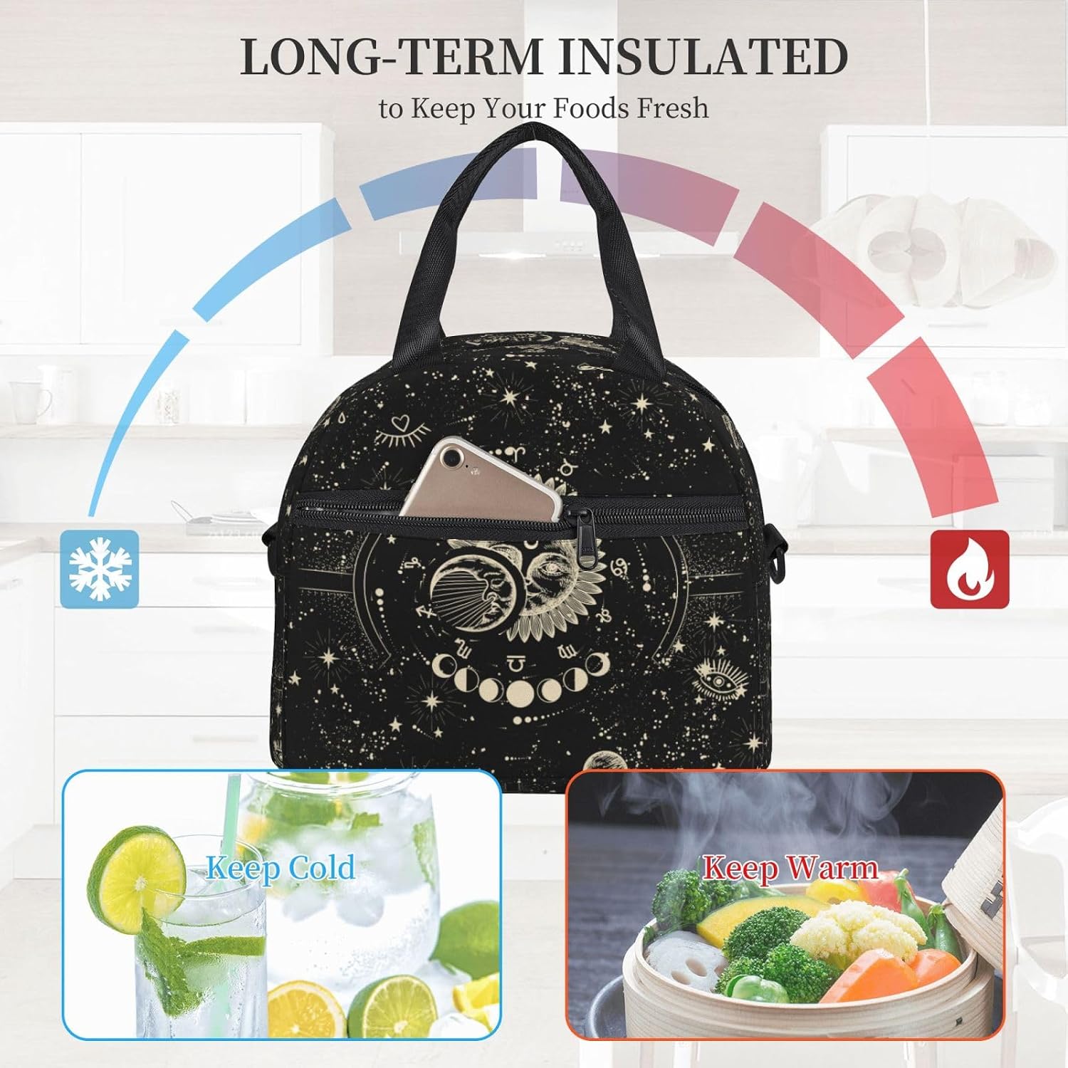 Gothic Sun Moon Reusable Insulated Lunch Box Small Waterproof Lunch Bag with Detachable and Adjustable Shoulder Strap for Office Picnic or Travel