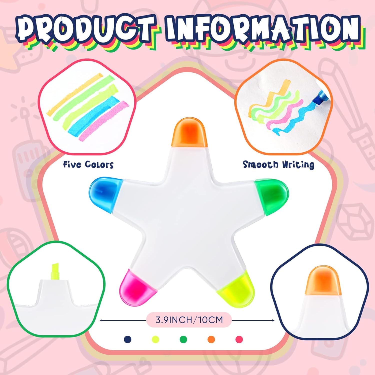 Geyee 50 Pcs Star Highlighters Bulk Highlighters Assorted Colors Creative Star Shape Watercolor Cute Pens 5-in-1 Color Fluorescent Pens for School Office Stationery Aesthetic School Supplies