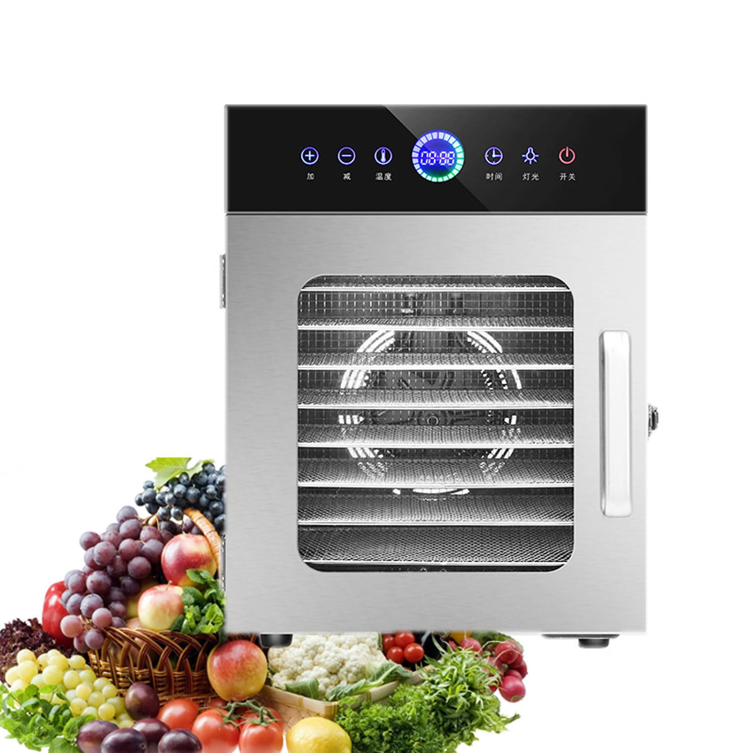 BDJSN 8 Tray Food Dehydrator, Electric Stainless Steel Vegetables Dryer with Tempered Viewing Window, 24H Timer & 20-90°C Temperature Control, Built-in Lighting, for Fish Fruit Meat Jerky Herb