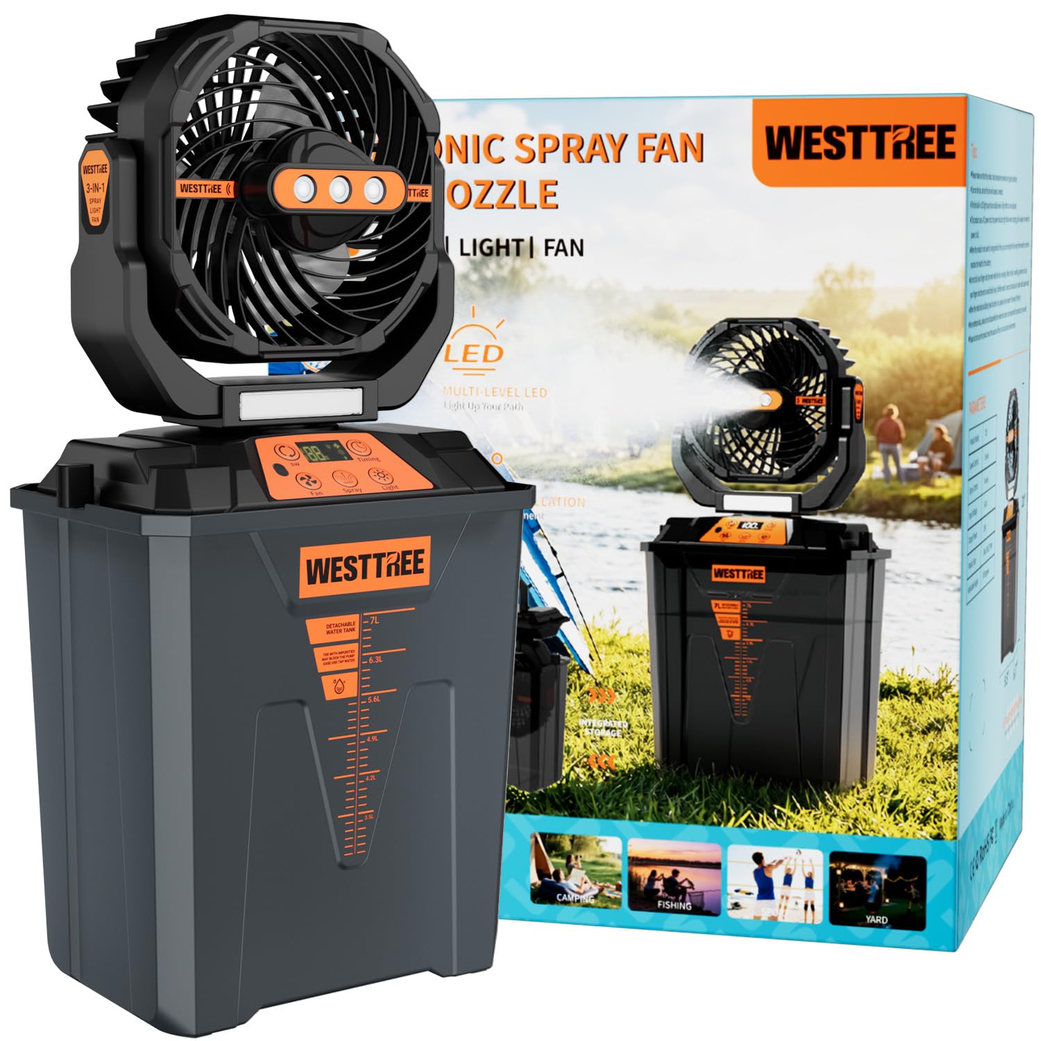 WESTTREE Ventilatore nebulizzatore portatile, grande ventilatore a nebbia ricaricabile alimentato a batteria, lunga durata, design con 3 ugelli, ventilatore portatile per casa, patio, campeggio