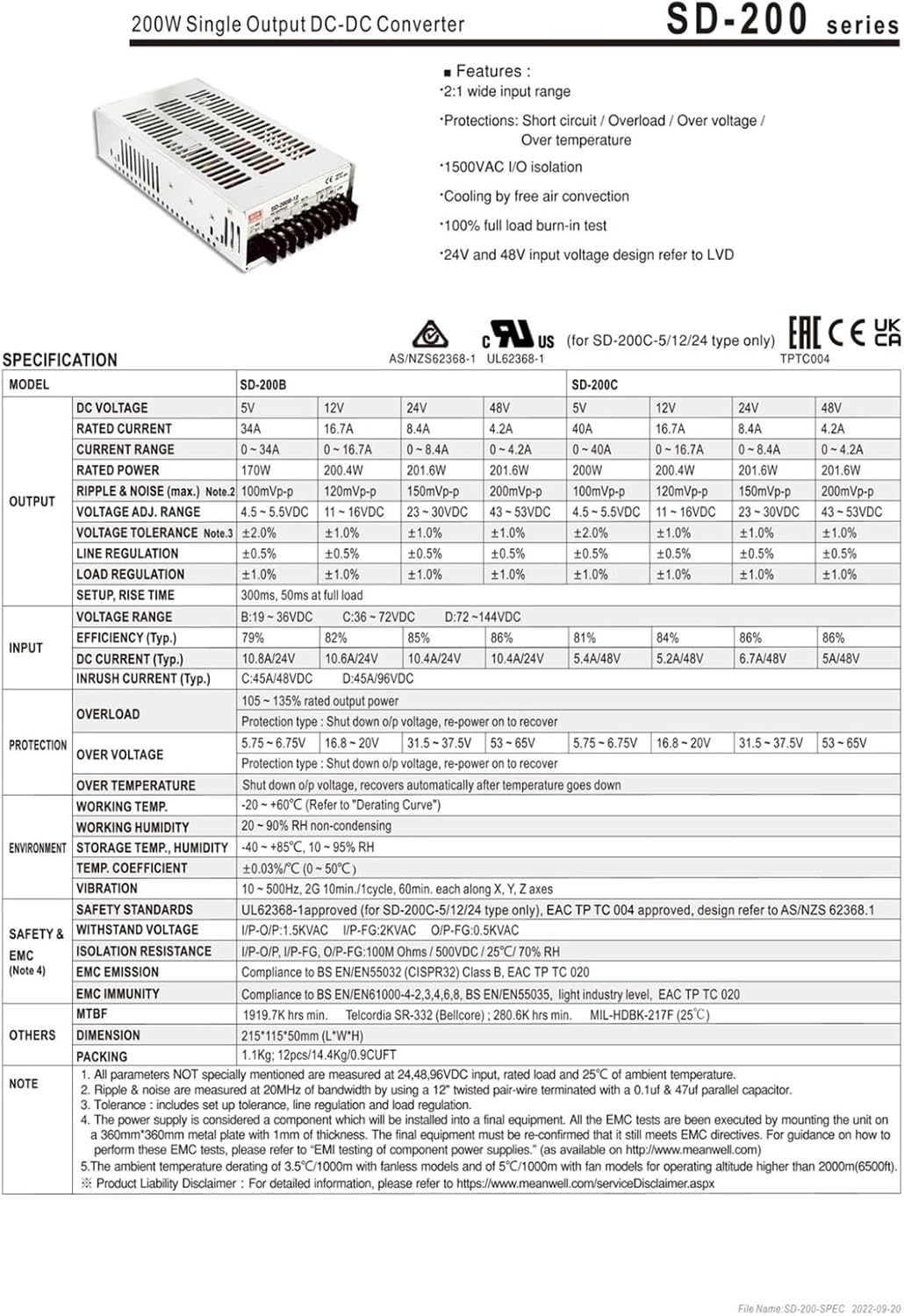 SD-200 SD-200B-12 SD-200B-24 SD-200B-48 SD-200C-12 SD-200C-24 SD-200D-12 SD-200D-48 200W Single Output DC-DC(SD-200C-5)