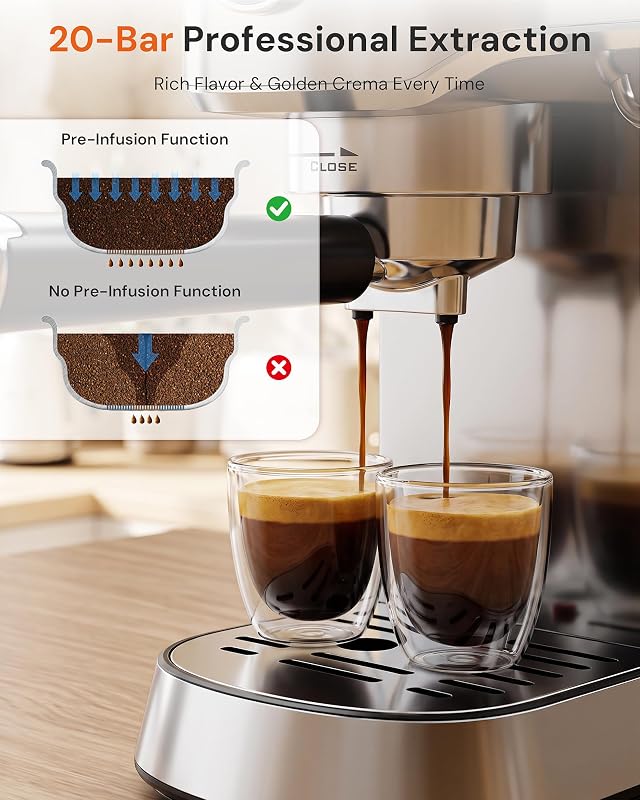 Kismile Compact 20 Bar Espresso Machine – 20-Bar Powerful Pressure Pump