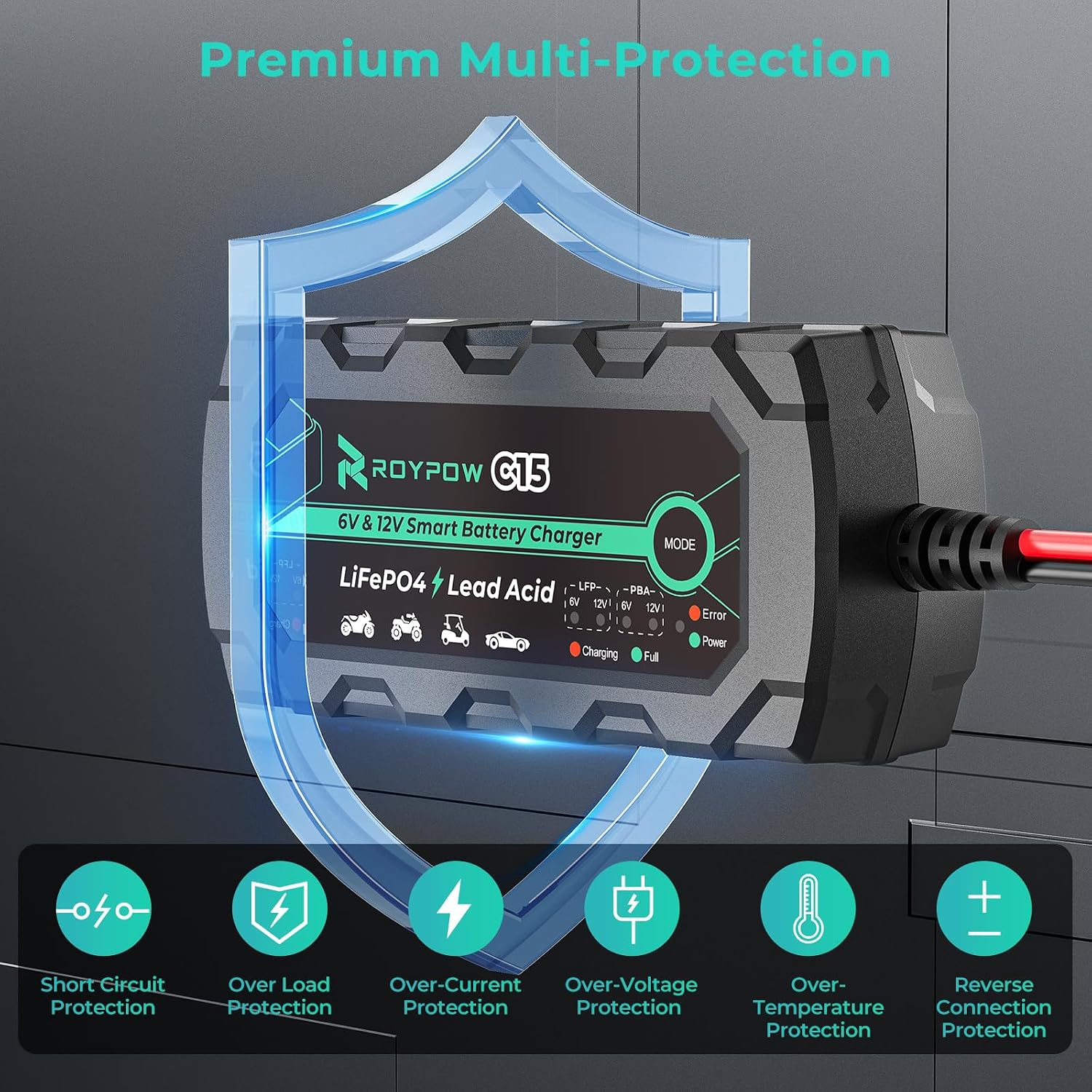 RoyPow C15 Battery Charger with a shield icon, illustrating multiple safety protections