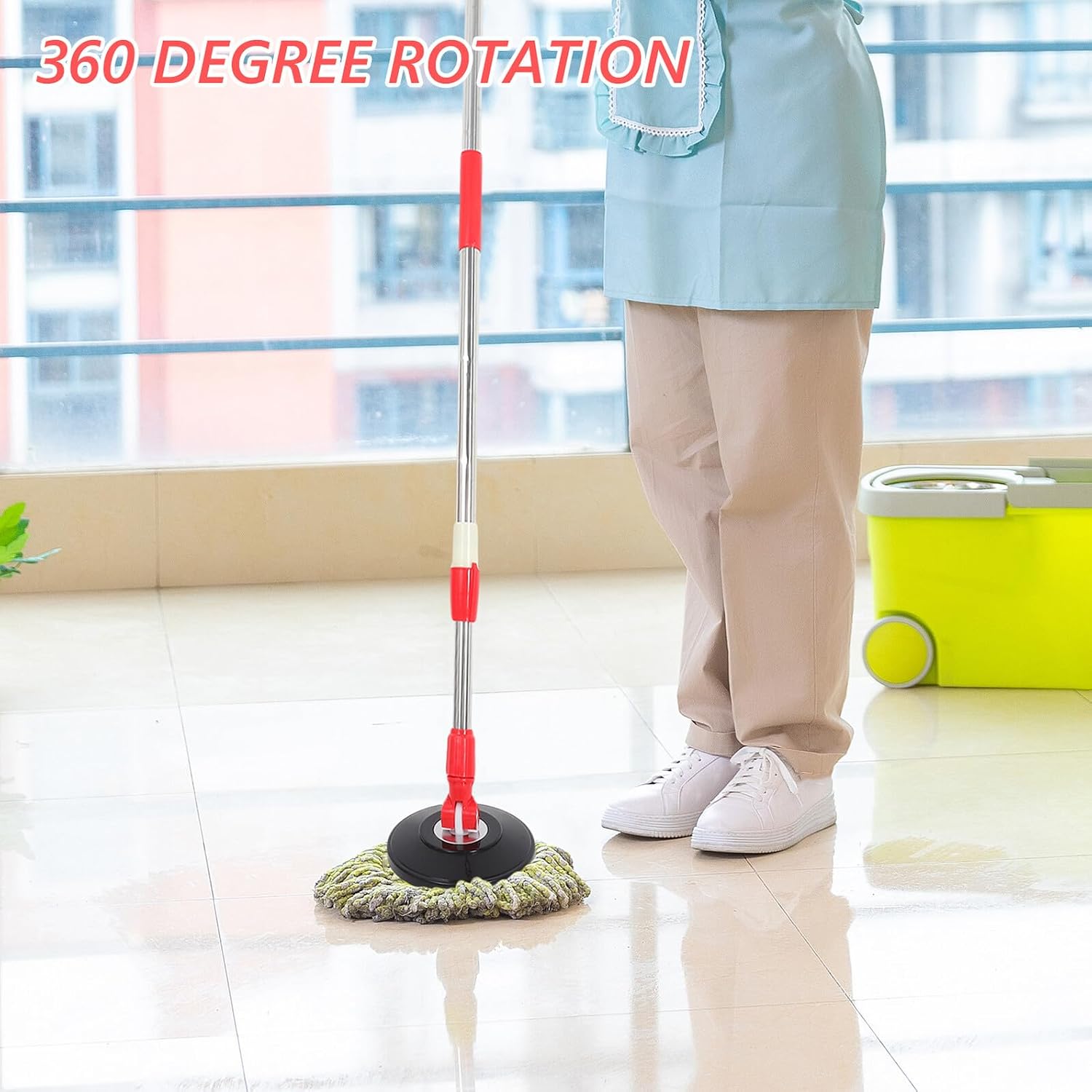GANAZONO Rotating Mop Handle Replacement Rod Stainless Steel Stick with Plastic Disc Red Floor Cleaning Tool for Home and Office Mopping