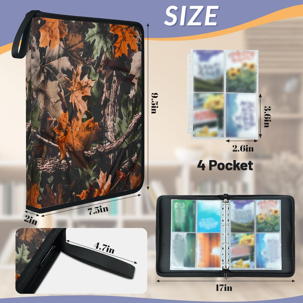Raccoglitore per carte collezionabili con 4 tasche, motivo albero della foresta, motivo mimetico, con foglie mimetiche, con maniche rimovibili, impermeabile, con cerniera, 50 pagine, capacità 400