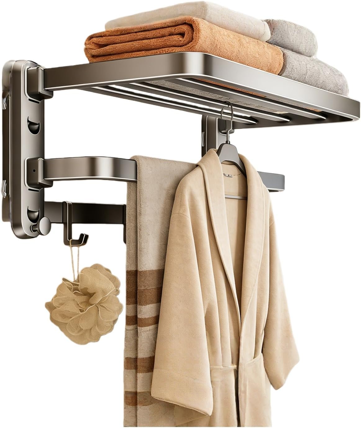 Bathroom Towel Rack,Double Foldable ​Wall Mounted​ Towel Shelf with 4 Suction Cups and 3 Hook, Easy Installation No Drill, for ​Bathroom​ and Toilet Organization (40CM/15.7IN)