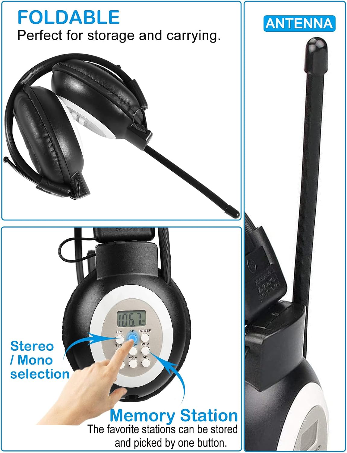 ZHIWHIS FM Portable Radio, Stereo Headsetwith LCD,Over Ear Foldable, Pocket Walkmen Conference Receiver, Small Wireless/Wired Headphones Operated by 2 AA Batteries for Walking/Running ZWS-308