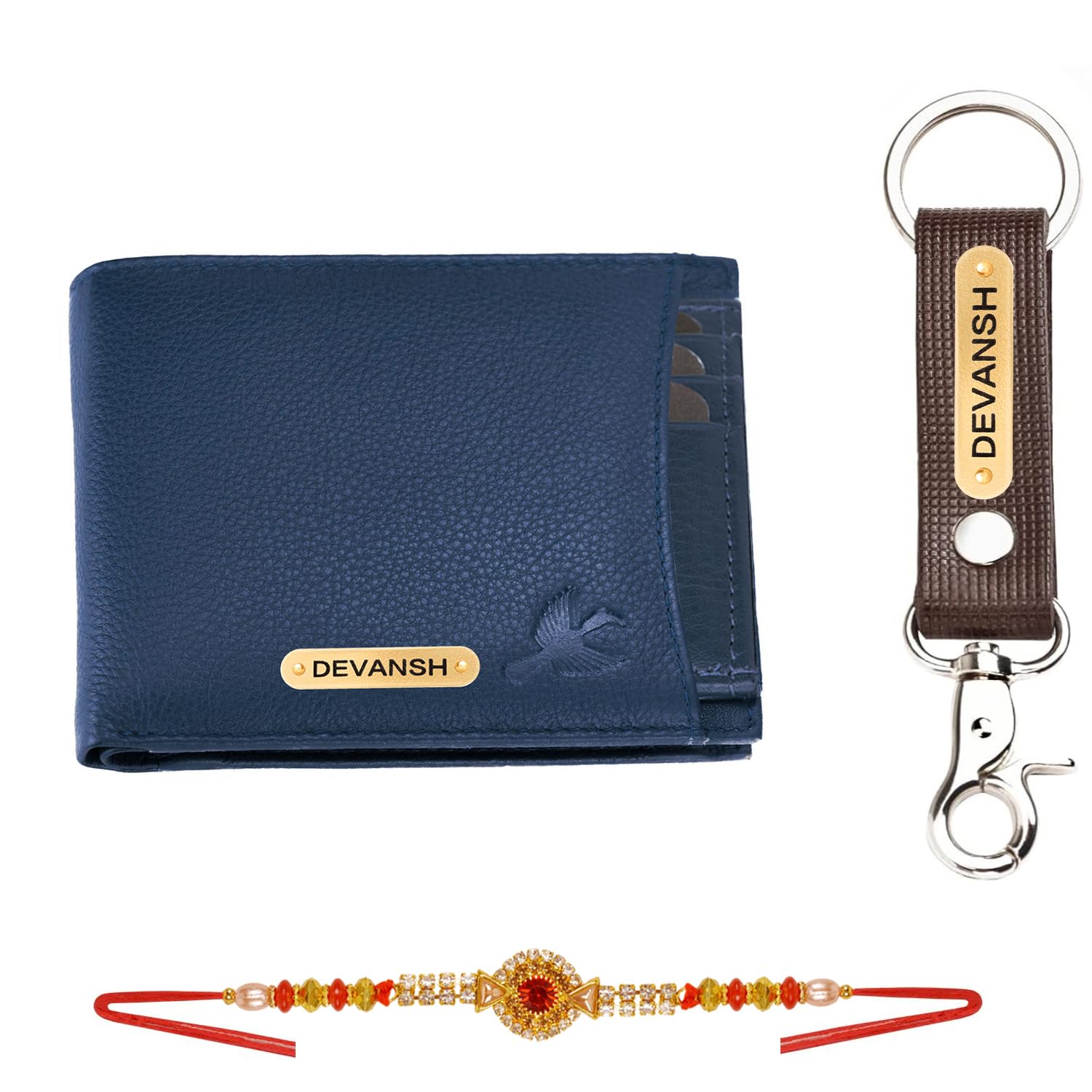 hornbull Men's Personalized Combo Rakhi Gift Set | Customized Stylish Leather Purse & Keyring with Name | Unique Rakhi Gift for Brother (Navy)-picture-36