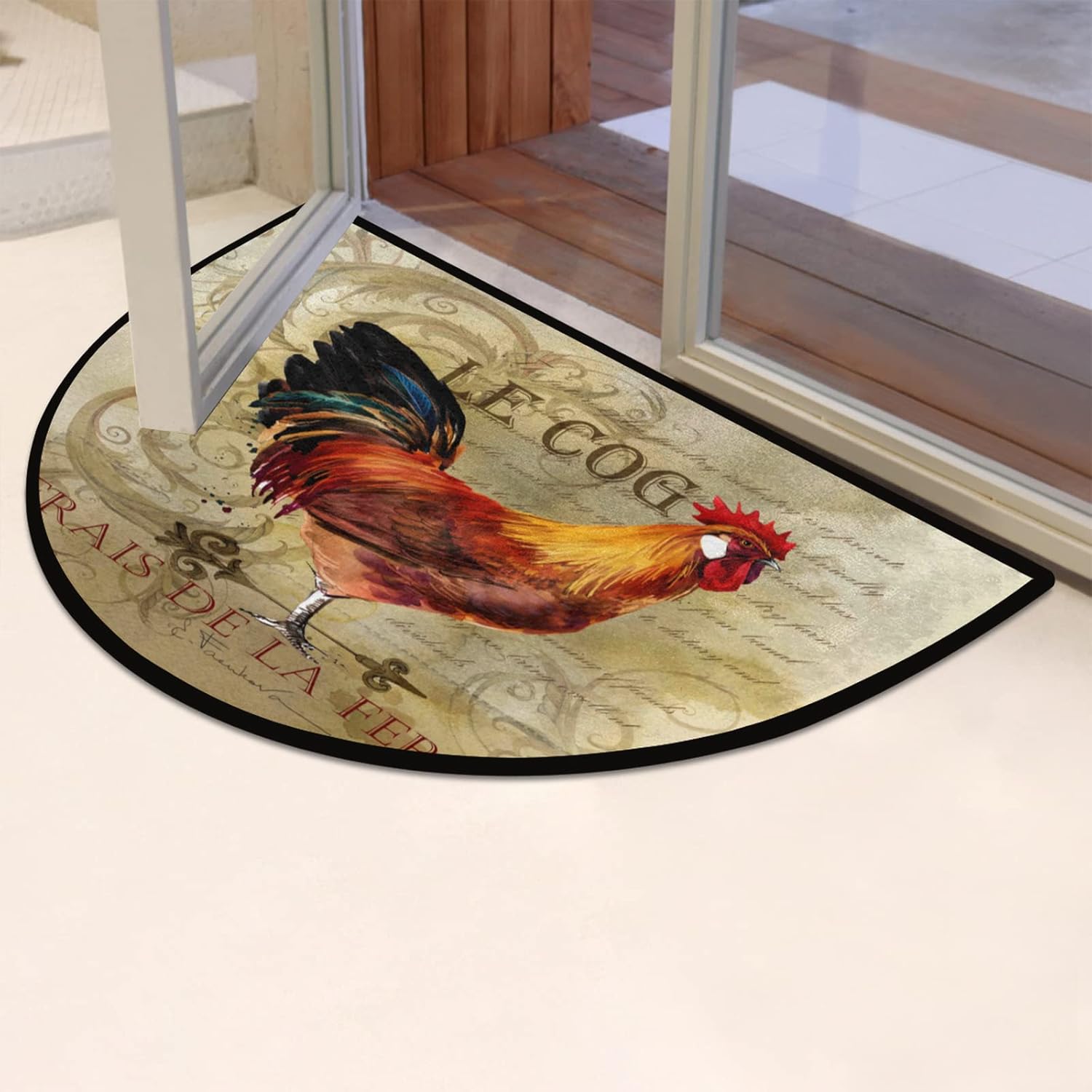 Vintage Rooster Half Round Doormat Vintage Animal Rooster Non-Slip Semi Circle Area Rug Durable Washable Ha;f Moon Rug Floor Mat for Indoor Outdoor Living Room Bedroom Kitchen Floor Home Decor