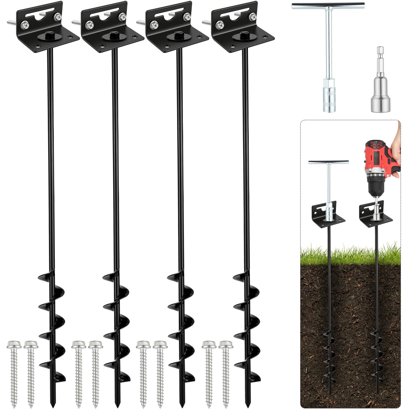 Anclajes de suelo atornillados, anclajes para casas móviles, para cobertizo, cama elástica, cocheras (negro, 25 pulgadas, 4 piezas)