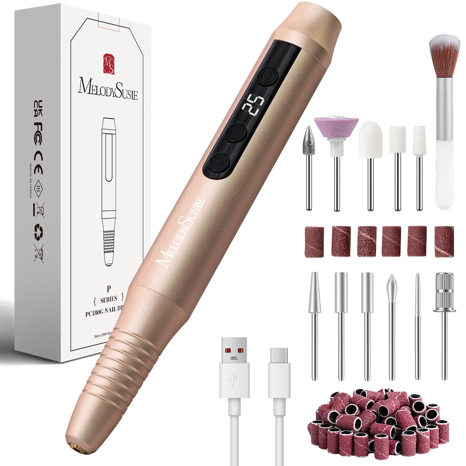 MelodySusie Cordless Nail File,PC180G Electric Nail Drill for Acrylic Gel Nails 25,000RPM Professional Portable Nail Efile Manicure Pedicure Polishing Tool with Nail Drill Bits,Sanding Bands (Gold)