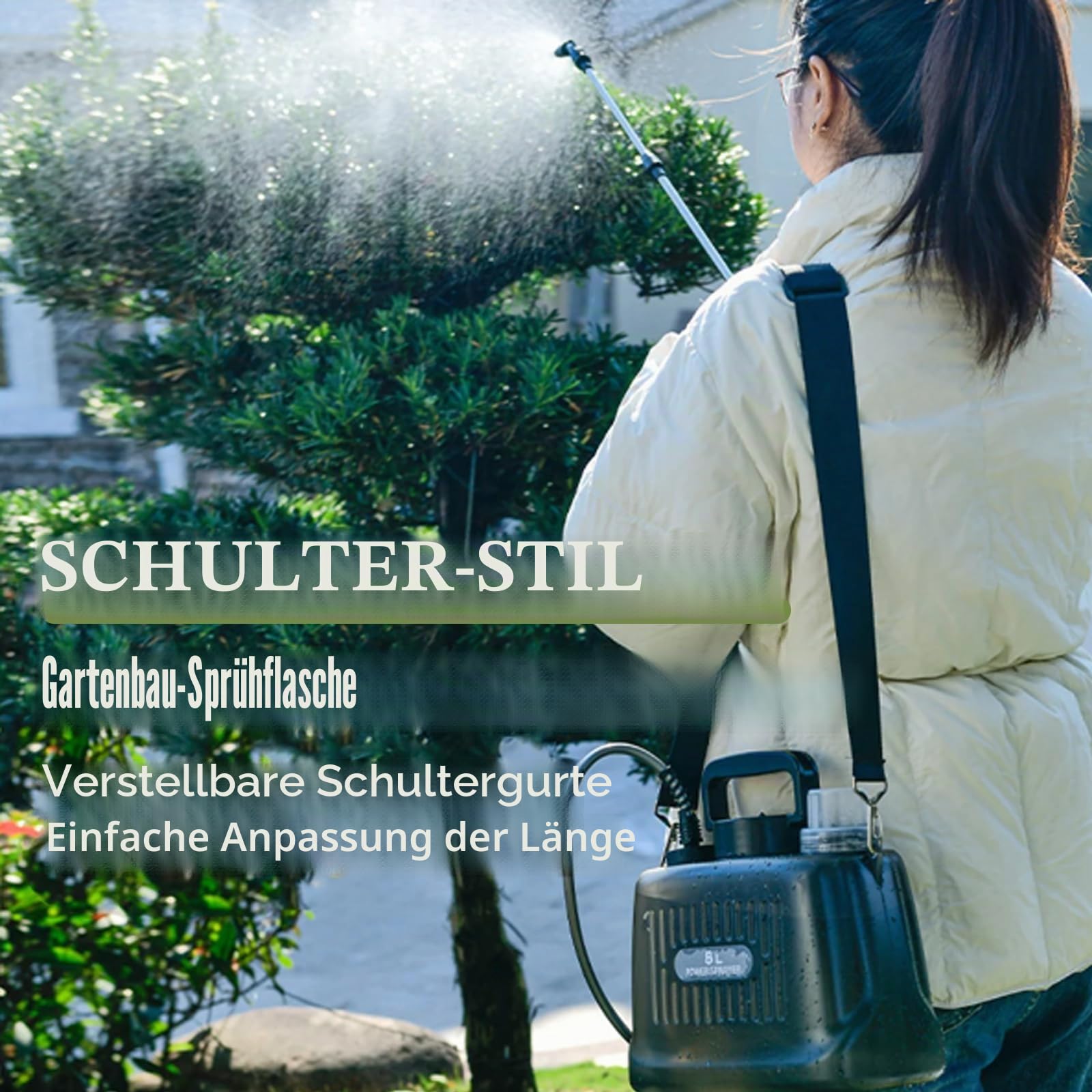 Drucksprüher, 8L Akku Drucksprühgerät Gartenspritze mit Lanze und 4 Verstellbaren Sprühdüsen Rückenspritze mit 2400mAh Batterie (7.4V Automatische Pumpe Transparenter Tank Teleskopierbare Lanze)