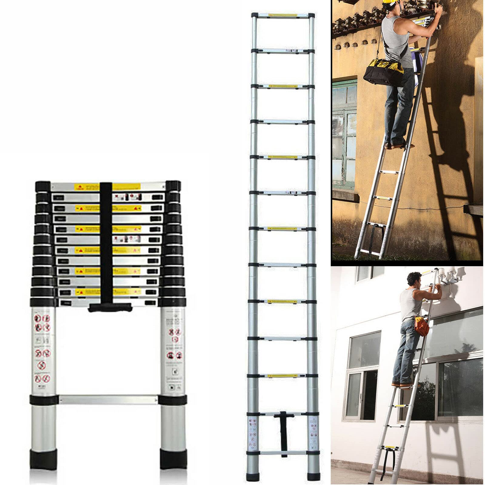 Royalswill 3.8M Telescopic Ladder 12.5FT Multi-Purpose Folding Aluminium Telescoping Ladder Foldable Ladder Extension Ladder Extendable Portable Loft Ladder Lightweight Work, 330lb Capacity, Silver — image 1