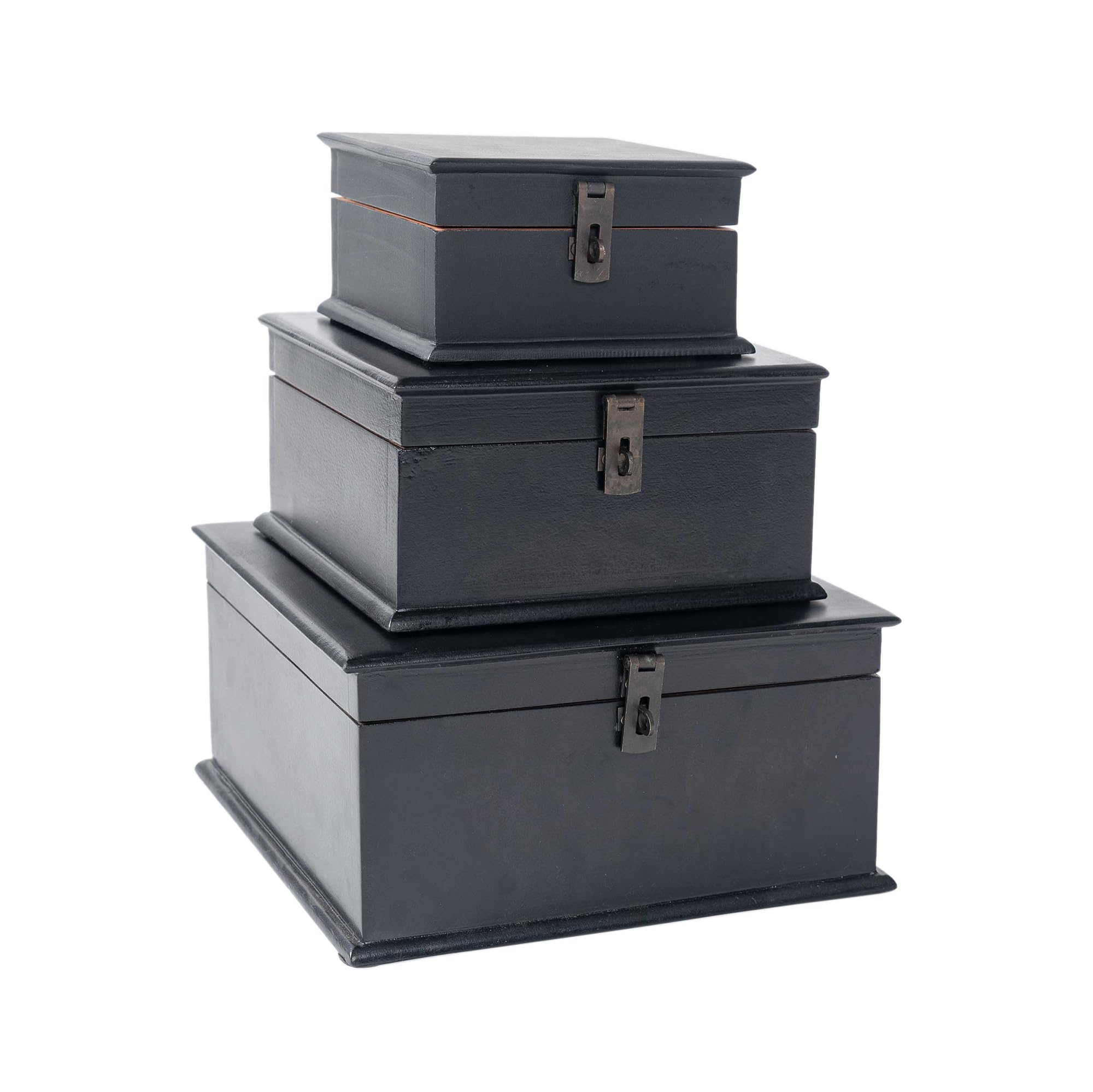 CONTRAST LIVING Feira Black Wooden Decorative Box,Painted Box, Gift Box, Jewellery Box, Wooden Box (Antique Black, Square) (Set of 3)-image-20