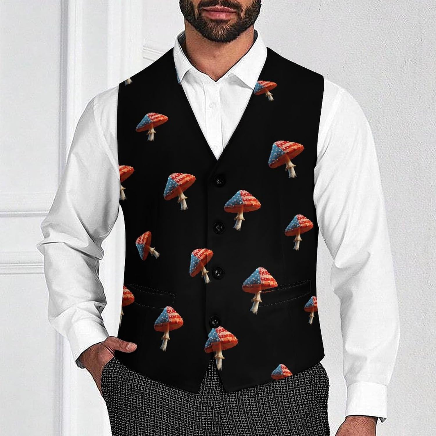 Mushroom U.S. Flag Casual Men's Business Suit Vest Slim Fit Formal Dress Waistcoat Vests