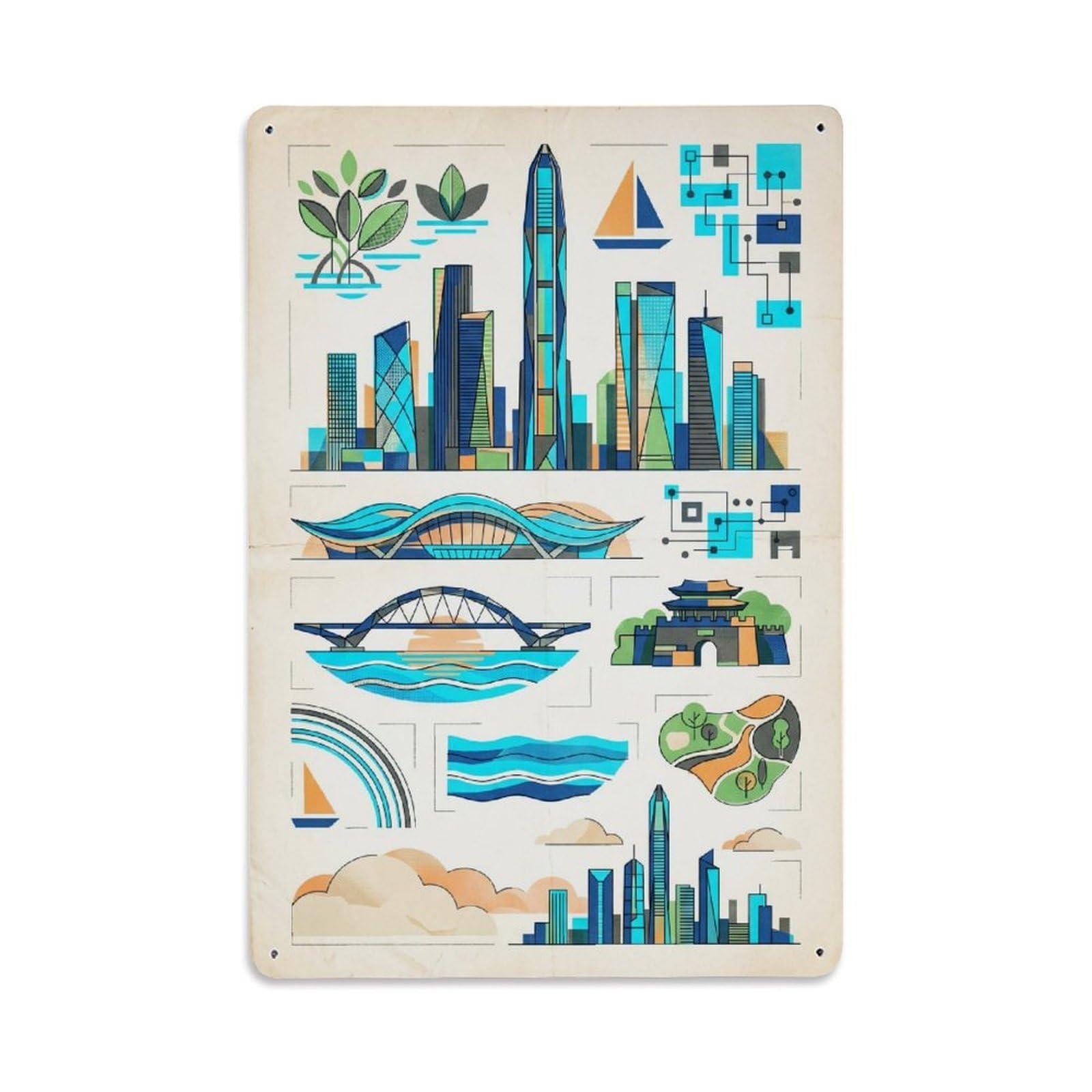Okngb Style Urban Collage Travel Shenzhen Chinese Retro Cityscape Metal Tin Sign Plaque Wall Decor For Cafe, Man Cave, Club Bar, Office, Home Garden Round Metal Poster 8X12inch
