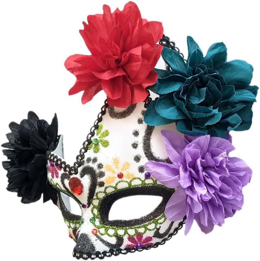 Coolwife Women's Masquerade Mask Mexican Day Of The Dead Sugar Skull Eyemask Masque Fancy Dress (Green/White/Black) - Image 3