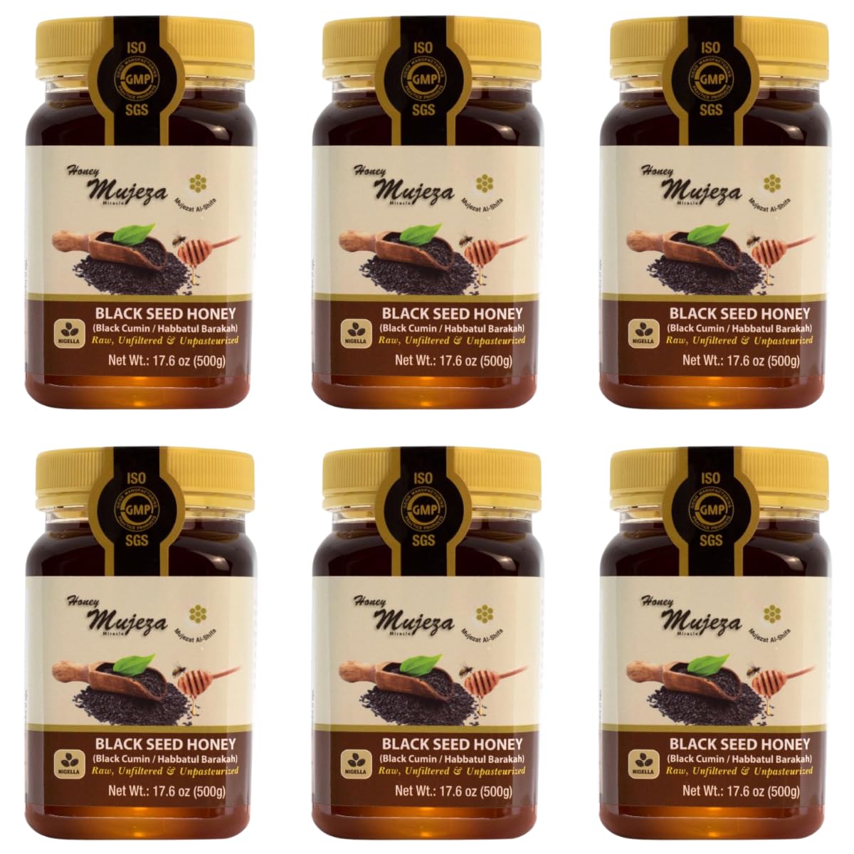 Pack of 6 Mujeza Black Seed Honey - Not Mixed with Oil or Powder - Gluten Free - Non GMO - Organic Honey - Immune Booster - 100% Natural Raw Honey 500g / 17.6oz