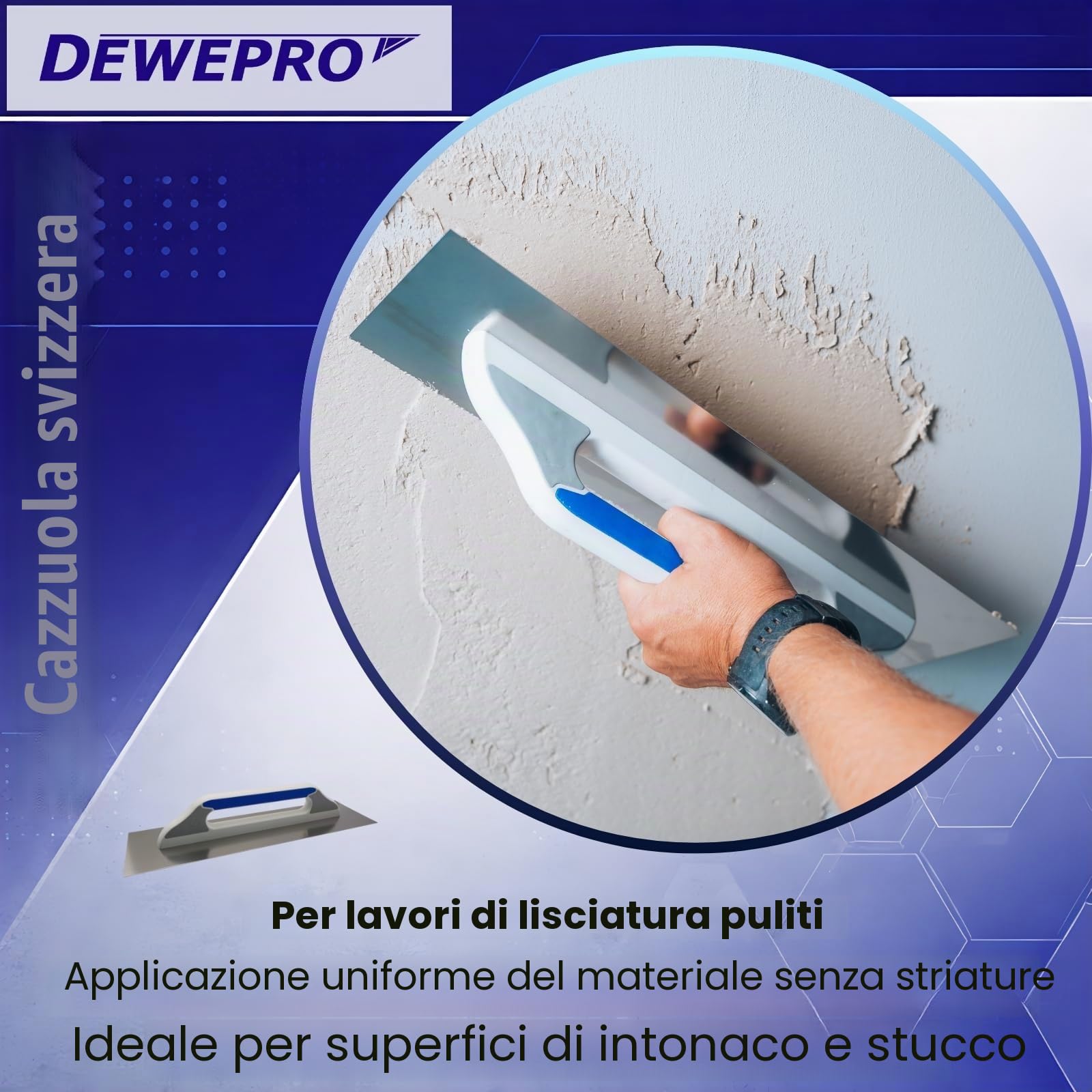 DEWEPRO® Frattazzo svizzera, spatola lisciante - Cazzuola per intonaco - Acciaio inossidabile 480x130mm - Manico di alta qualità a 3 componenti