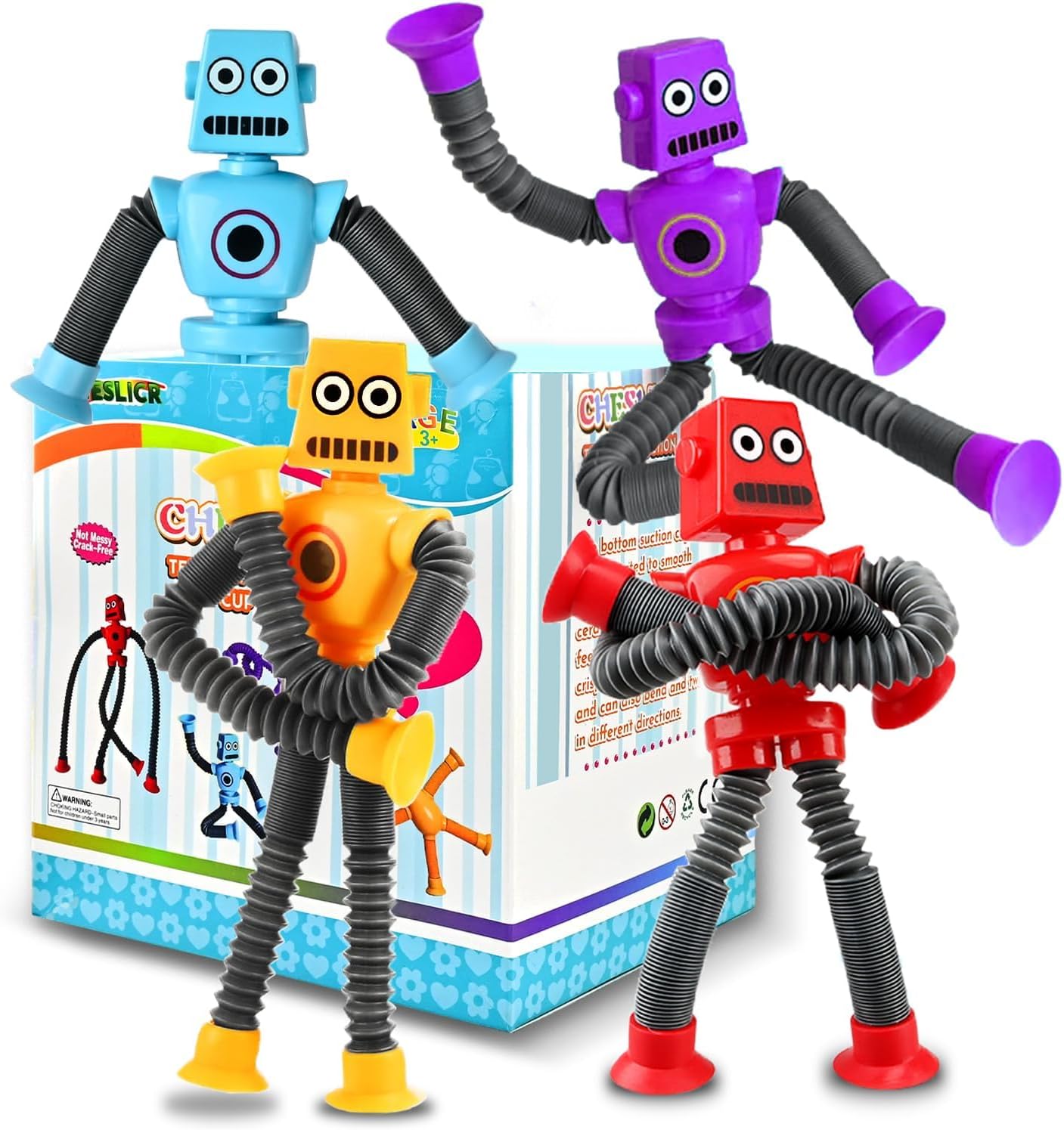 CHESLICR Robot Sensory Toys Valentine's Day Gift For Kid Ages 3-10(4PCS), Suction Autism Toy Pop Tube Fidget Toys Autistic Travel Toys Stocking Easter Basket Stuffer For Kids Toddlers