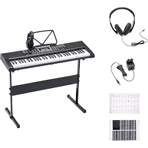 Amazon Basics Teclado de Piano Digital Portátil de 61 Teclas para Principiantes, Altavoces Incorporados, 255 Timbres y Ritmos, 50 Canciones de Demostración, Atril y Auriculares Incluidos - Negro