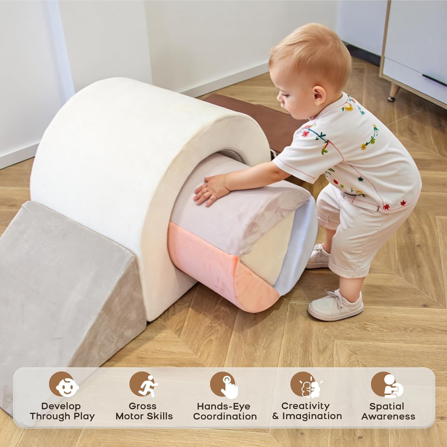 BanaSuper 5-Piece Climbing Toys for Toddlers, Kids Foam Blocks Playset with Arch Tunnel, Convertible Cylinder, Stairs & Ramp, Toddler Indoor Soft Play Gym Activity Play Set for Crawling and Playing