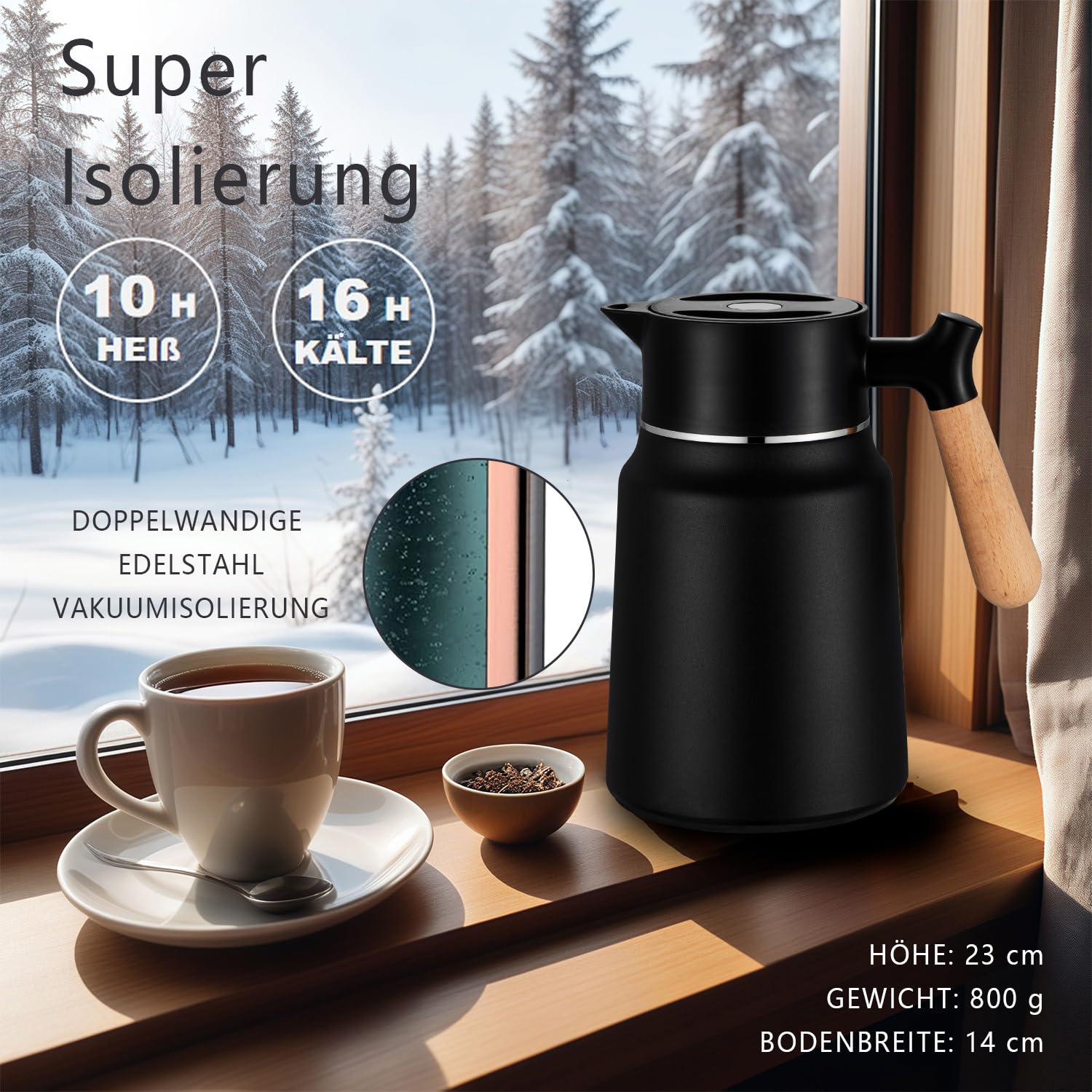 VETIN Thermo, thermos da 1,5 l, con filtro da tè, teiera con inserto per colino, Thermo, caffettiera termica 304, in acciaio inox, con manico effetto legno, 10 ore, 16 ore di freddo (nero)