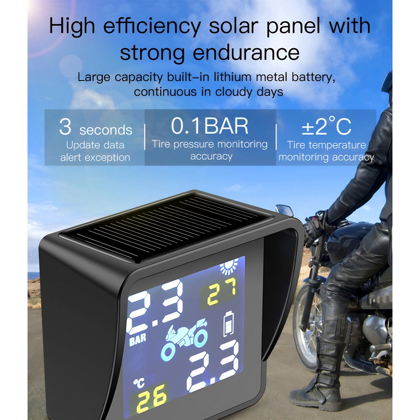 Diyeeni di Monitoraggio della Pressione dei Pneumatici per Moto TPMS Solare, Display LCD con Sei modalità di Allarme, Impermeabile e Durevole per Scooter da Moto
