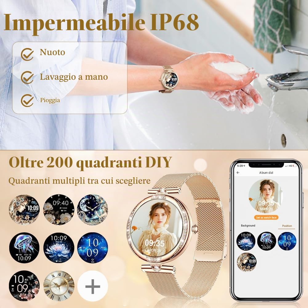 Vicloon Smartwatch Donna con Chiamate Bluetooth, 1.19" Fitness Orologio con Contapassi, 24H Cardiofrequenzimetro, Sonno, Ciclo Mestruale, Impermeabile IP68, Compatibile iOS/Android, Oro Rosa