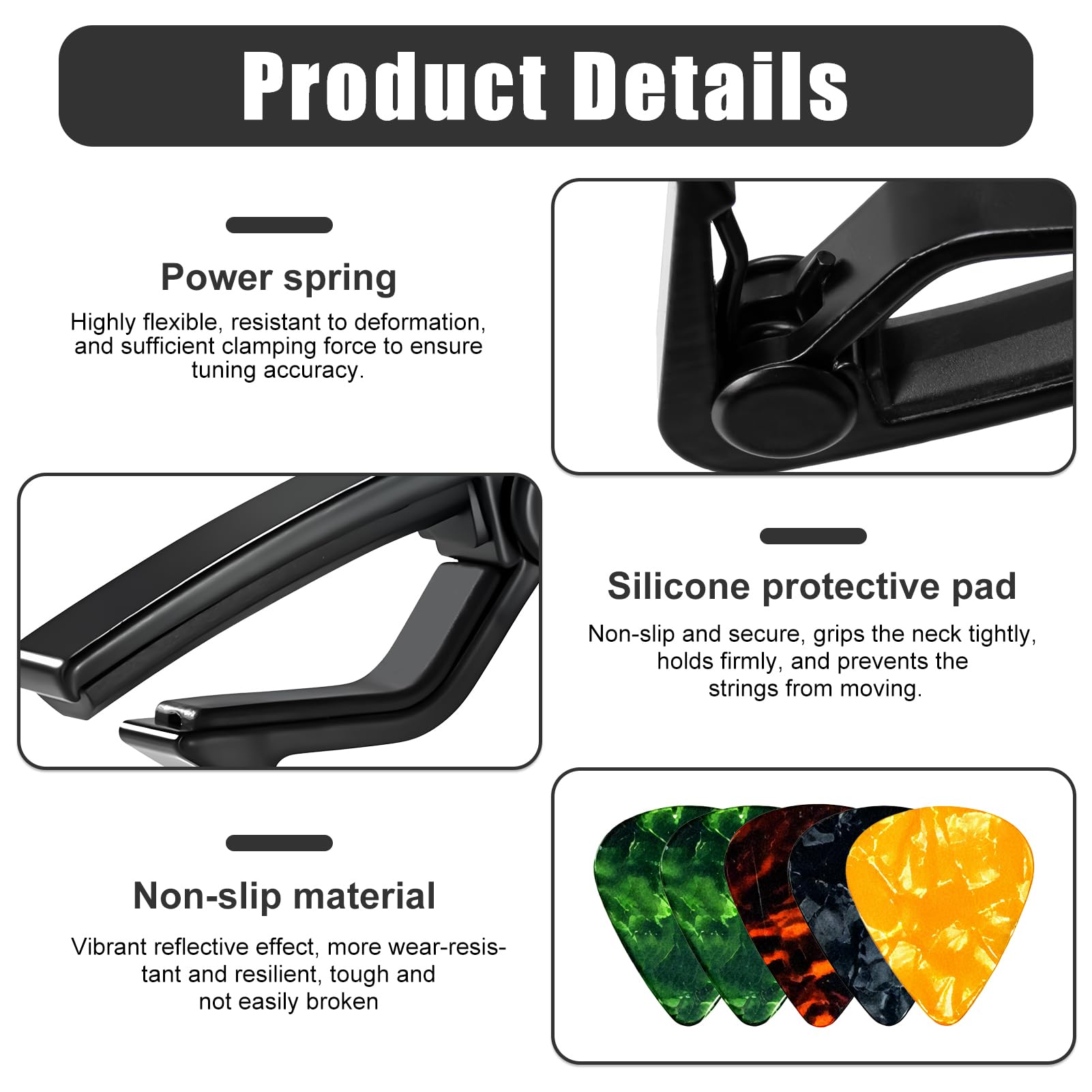 Guitar Capo for Acoustic and Electric Guitars with 5 Picks Included - Image 3