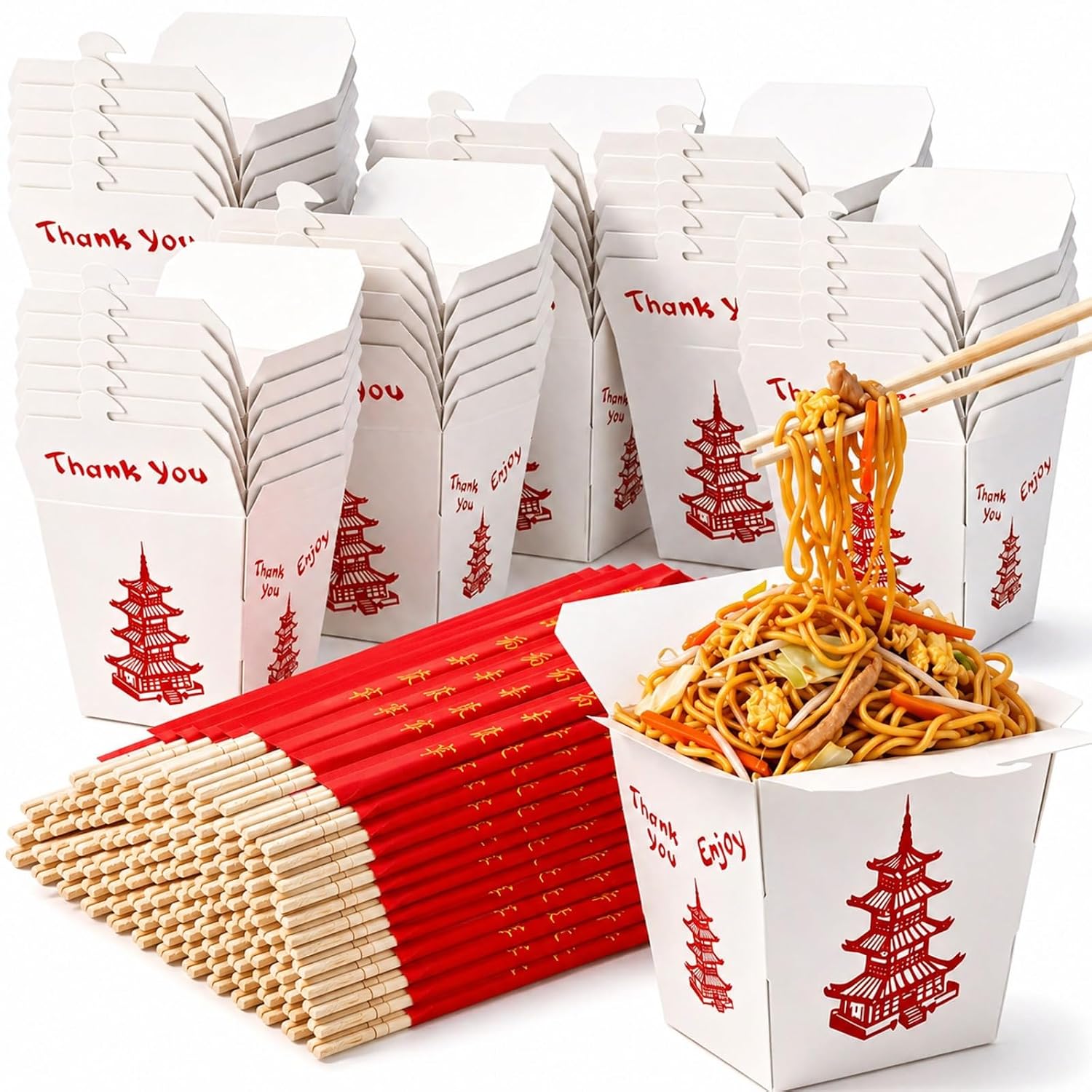 50 Sets 8 oz Chinese Take out Boxes with Chopsticks, Pagoda Paper Food Containers with Sleeved and Separated Disposable Chopsticks for Asian Party Decorations Favor Birthday Wedding Restaurant