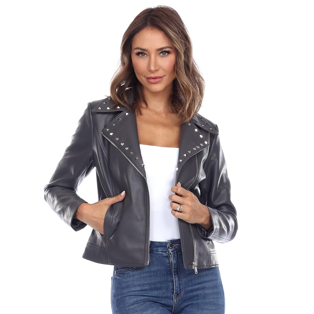 white mark Women's Faux Leather Biker Jacket with Studs at