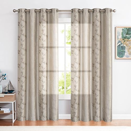 Miniatura 2 de Cortinas para dormitorios con ojales en la parte superior, bordado floral, de seda sintética juego de dos unidades.