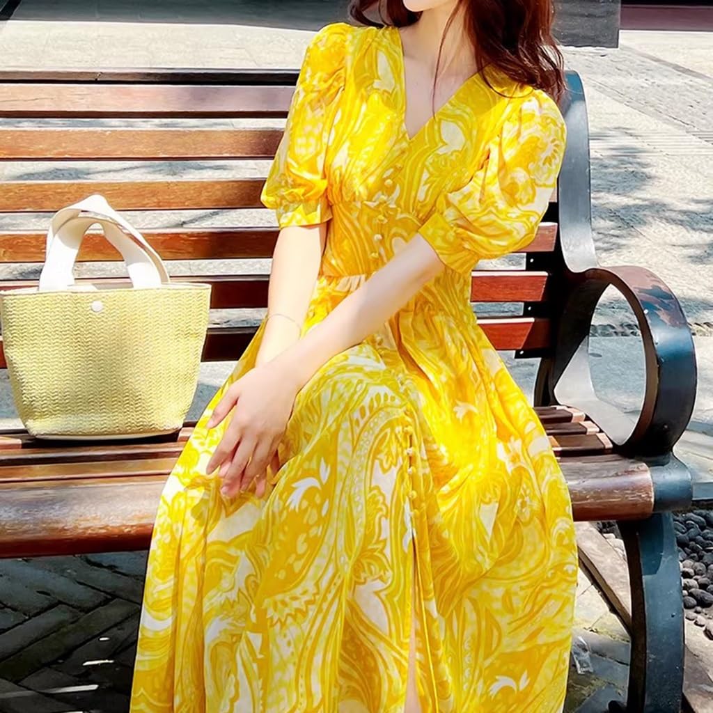 Elegante Abito Francese con Stampa Floreale, Abito Lungo da Spiaggia A Vita Alta con Scollo A V Estivo, Maniche Corte/Festa di Compleanno