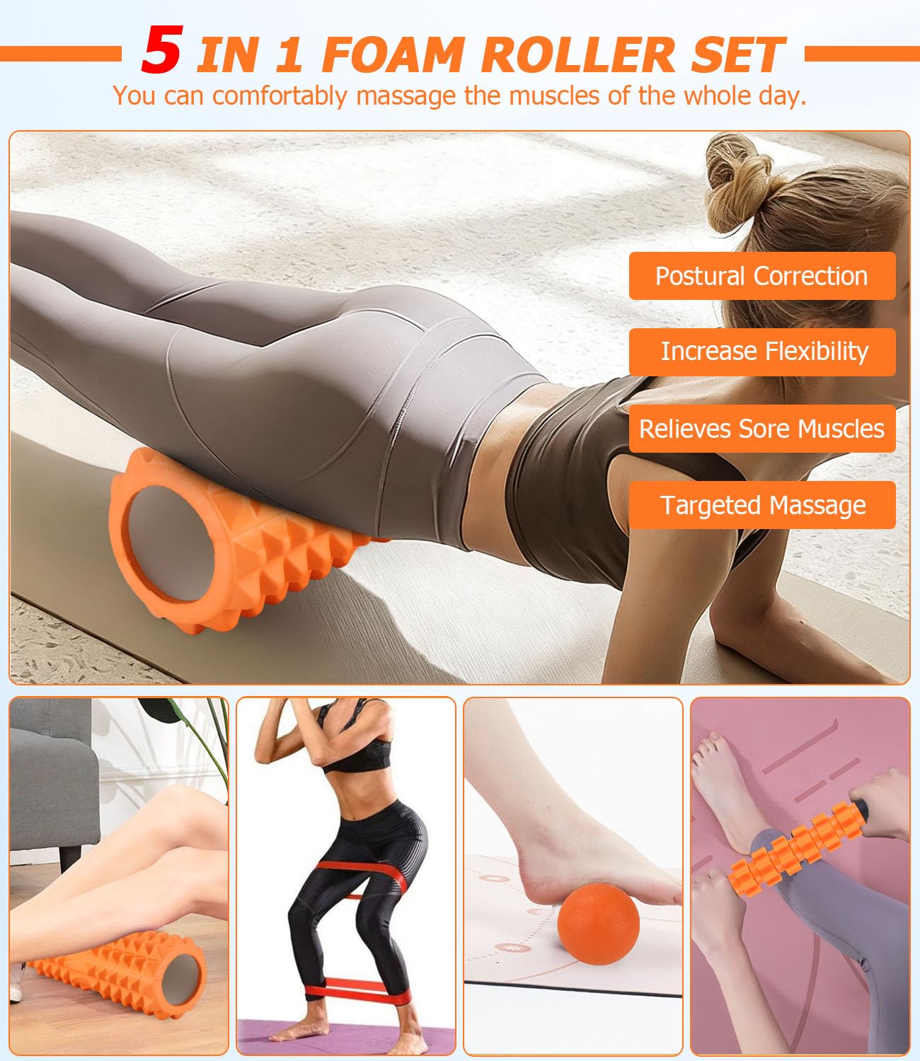 Naranja Set di Foam Roller 5 in 1, Roller Pilates ad alta Densità, Rullo per Massaggio,Pallina Massaggio Muscolare, Tenditore, Fascia di Resistenza per Massaggio, Esercizi di Fitness Attrezzi Pilates