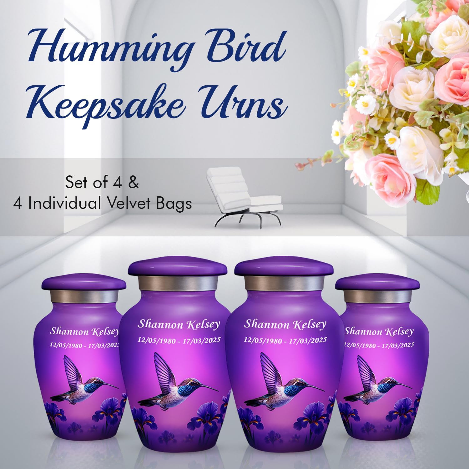 AmericUrn Custom Humming Bird Urns for Human Ashes – Adult Female Memorial Set of 5 with 4 Keepsake Urns & Necklace