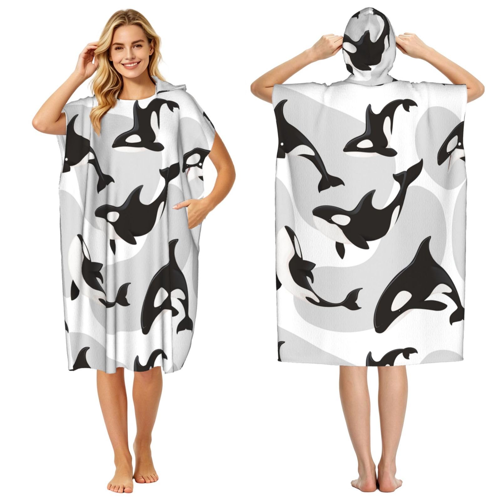 Poadnly Killer Whale Pattern Fish Pattern, Adult Hooded Beach Towel 90 x 110 cm,Changing Bath Robe, Surf Poncho Towel For Women Men
