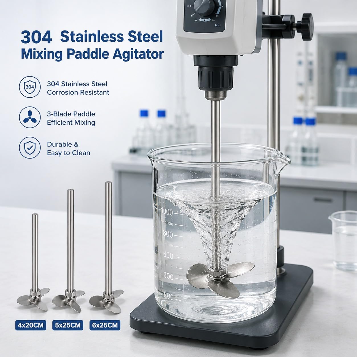 Varilla agitadora de acero inoxidable de 3 cuchillas para mezclador superior, eje de paleta de mezcla industrial para líquidos, lechadas y soluciones, calidad de laboratorio, diseño duradero