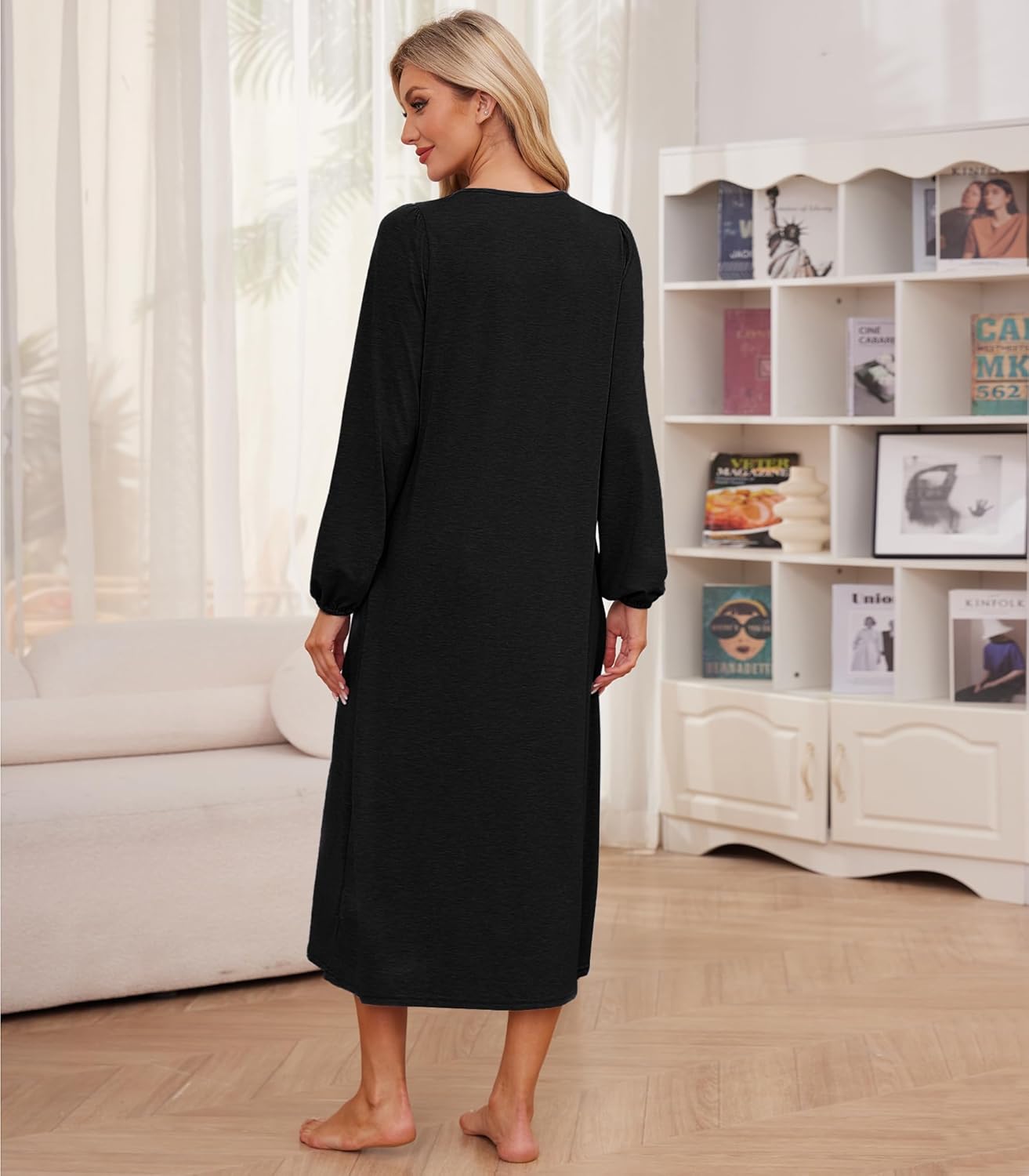 Condition photo showing New/Like New for Women Long Sleeve Nightgowns Pleated Scooped Neck Sleep Shirts Casual Nightshirts Sleepwear with Pockets Black Large