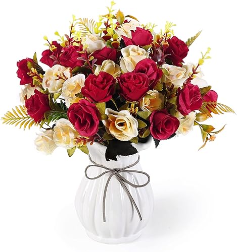 Miniatura 1 de LIVILAN Rosas artificiales con jarrón de cerámica, 4 ramos de rosas artificiales, rosas de seda falsas, arreglo de flores de seda para bodas,