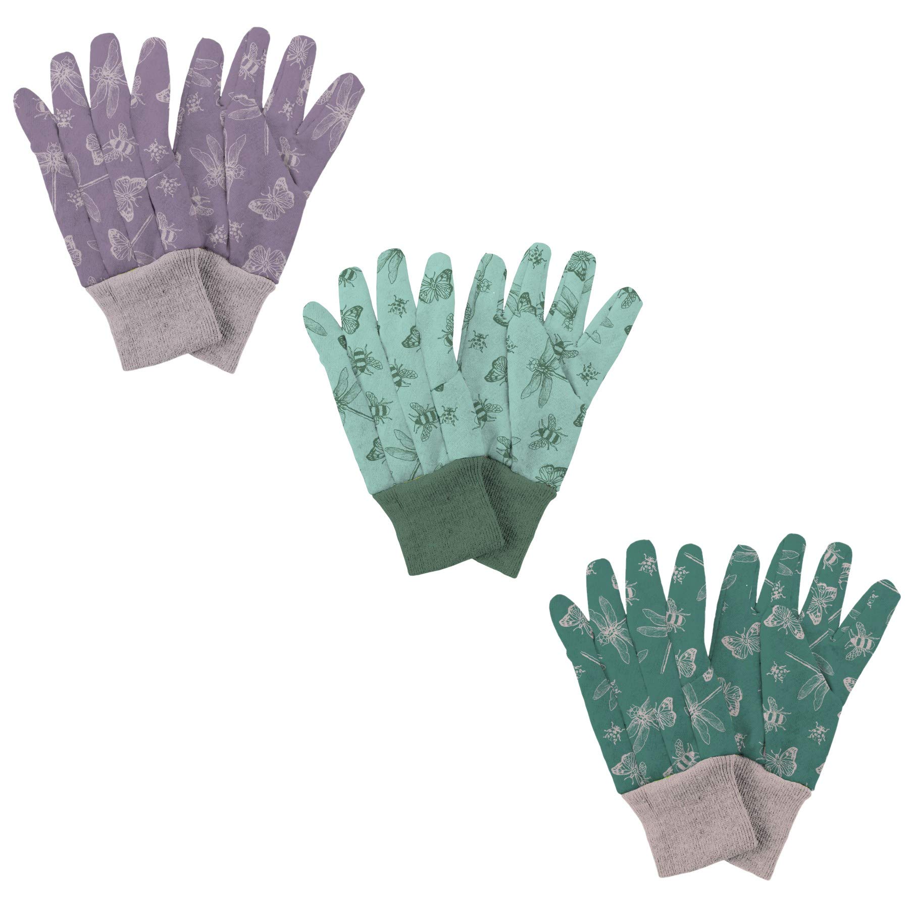 Westland Kent & Stowe Jersey Cotton Medium Gardening Gloves Flutter Bugs Triple Pack, Blue,Green,Purple,Teal