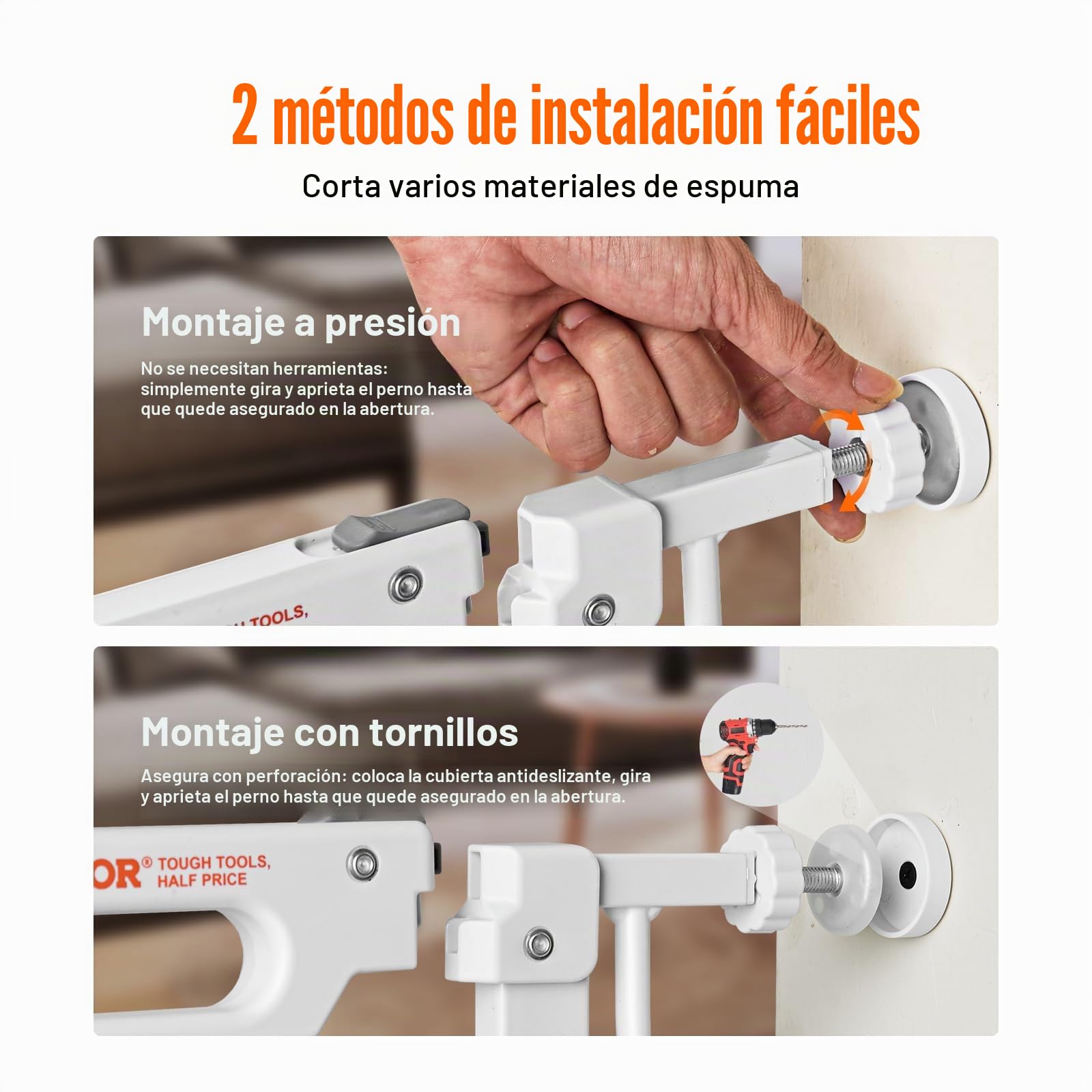 Barrera de Seguridad Extensible Ancho de 74,9-117,8 cm Altura de 76,2 cm Cierre Automático Puerta de Escalera sin Taladrar Ancho de Apertura de 533 mm a 180° Valla para Niños para Interior