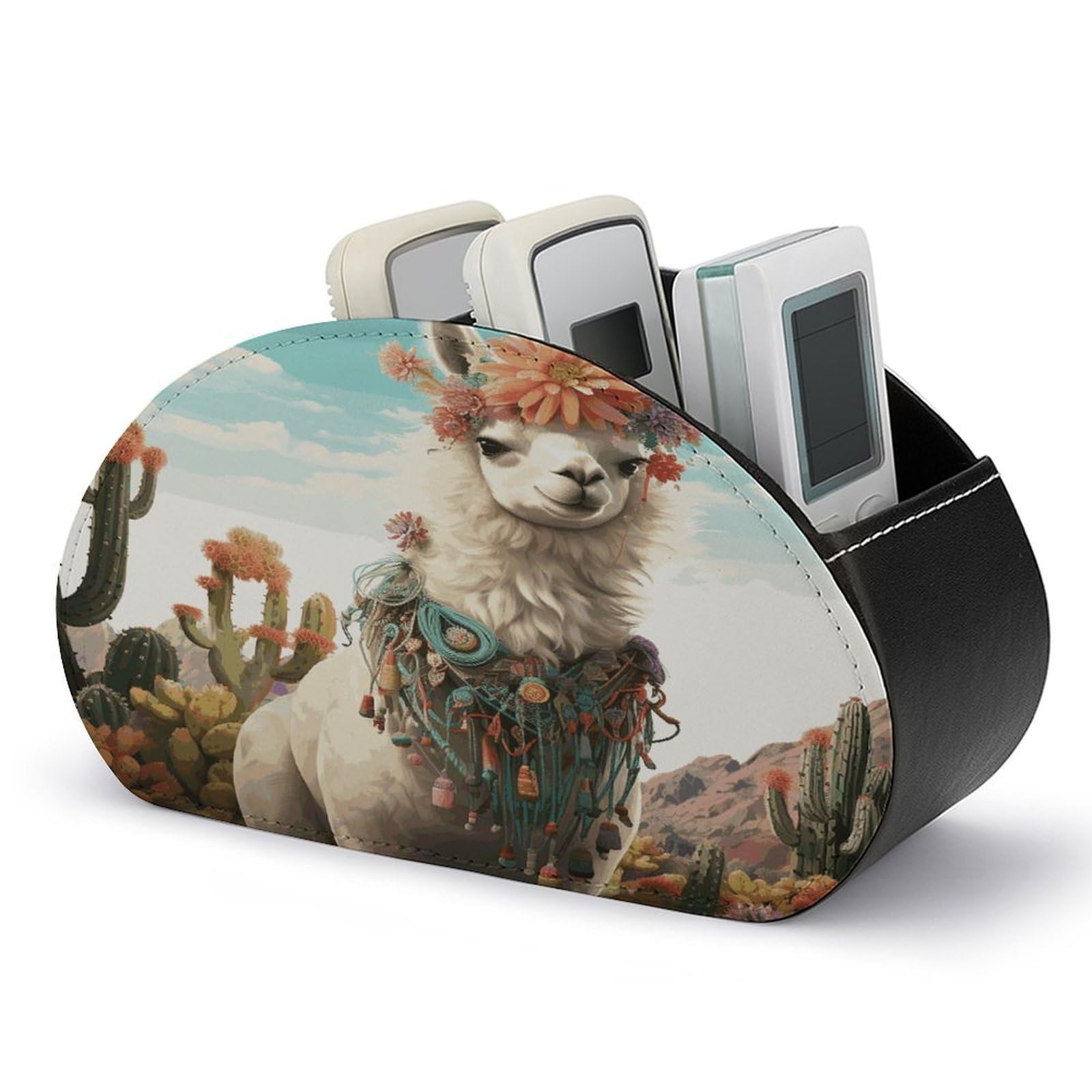 VstaDank Mexican Llama Cactus Remote Control Holder with 5 Compartments PU Leather Remote Caddy Desktop Organizer Store TV Remote Control Storage Box for Home Office Desk Nightstand