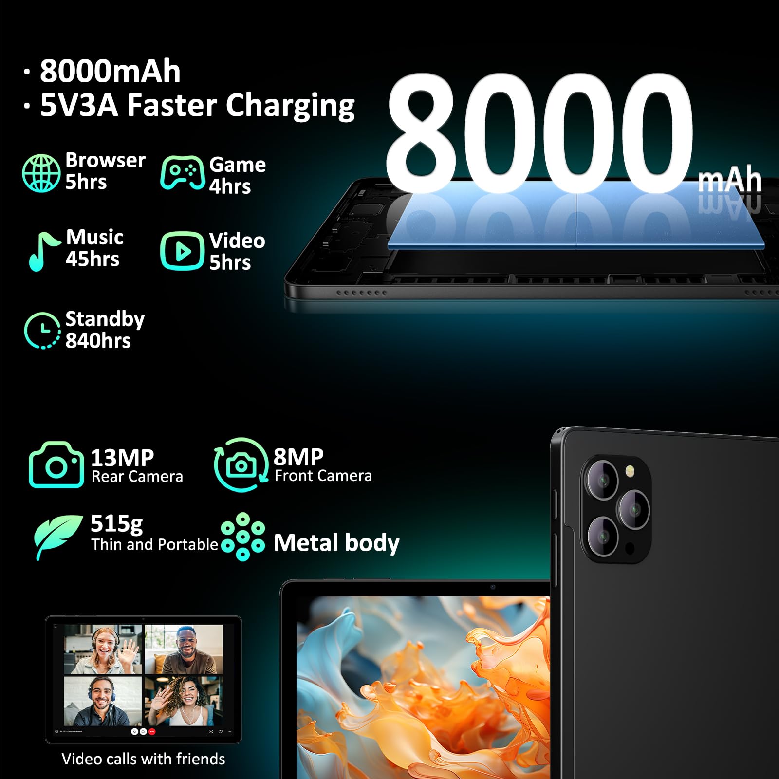 FASTWD Tablet 11 Pulgadas Android 16 Tableta Gaming con 4G Doble SIM y 5G WiFi,Octa-Core,36 GB RAM+512 GB ROM (1TB TF), 2K incell120Hz,8000mAh,13MP+8MP,Tablets con Teclado,Negro — view 6