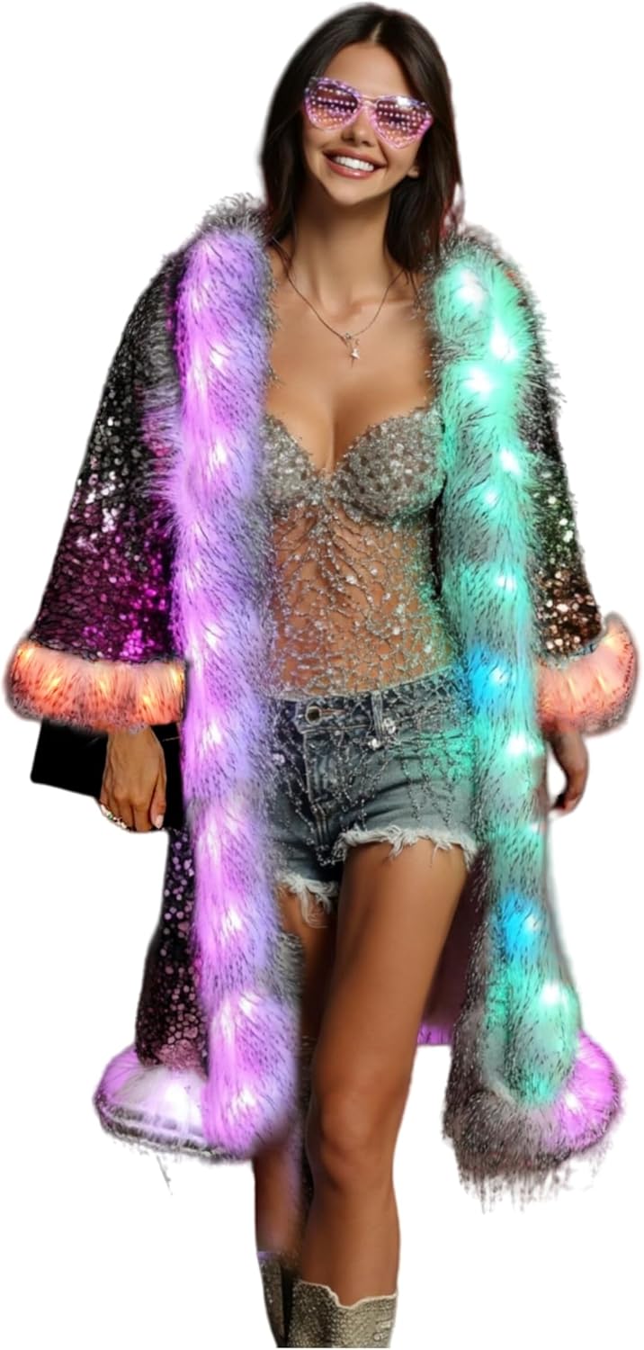 LED Light up Sequin Coat for Women Flash Sparkly Jacket Rave Costume Music Festival Outfits Parties Halloween Holiday