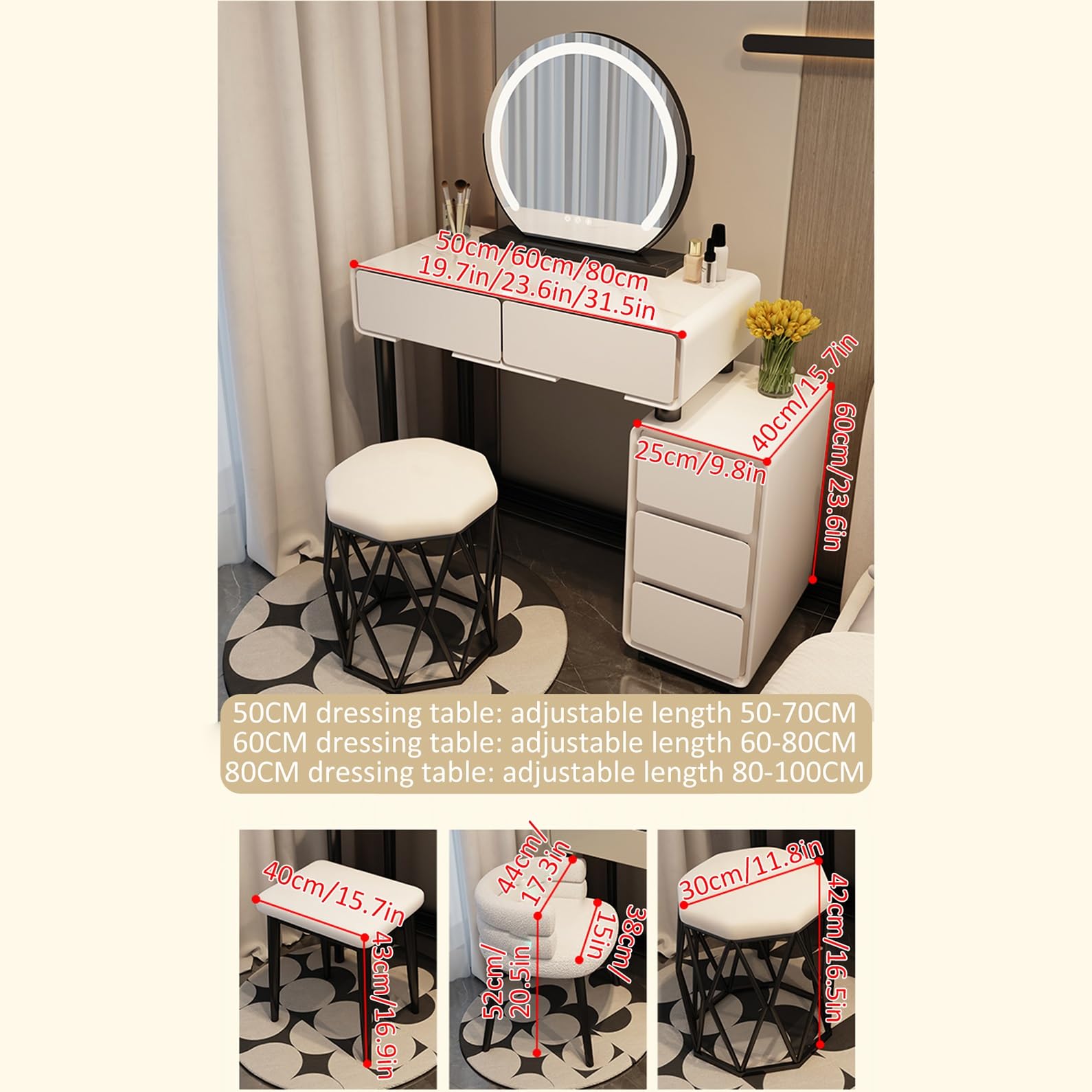 Set da trucco illuminato con luminosità regolabile, grande tavolo con cassetti e armadietti, design compatto per piccoli spazi, include sedia, perfetto per gli amanti della bellezza