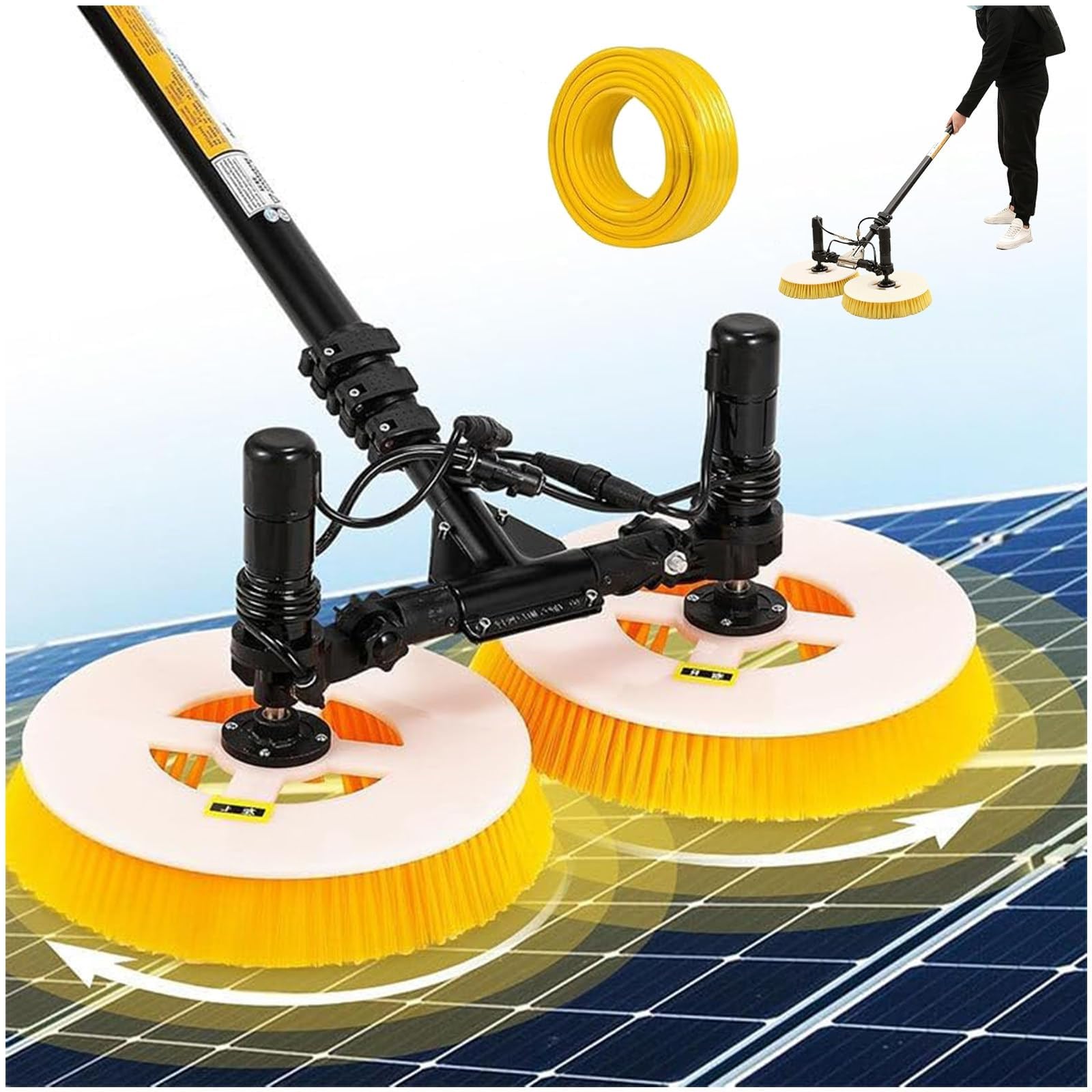Solarpanel-Reinigungsset, Elektrische Solarpanel-Reinigungsbürste, Doppelkopf-Solarpanel-Reinigungsgerät (3,5 m/5,5 m/7,5 m), Solarreinigungsroboter, 2 Rundbürsten(Mains Electricity,7.5M)